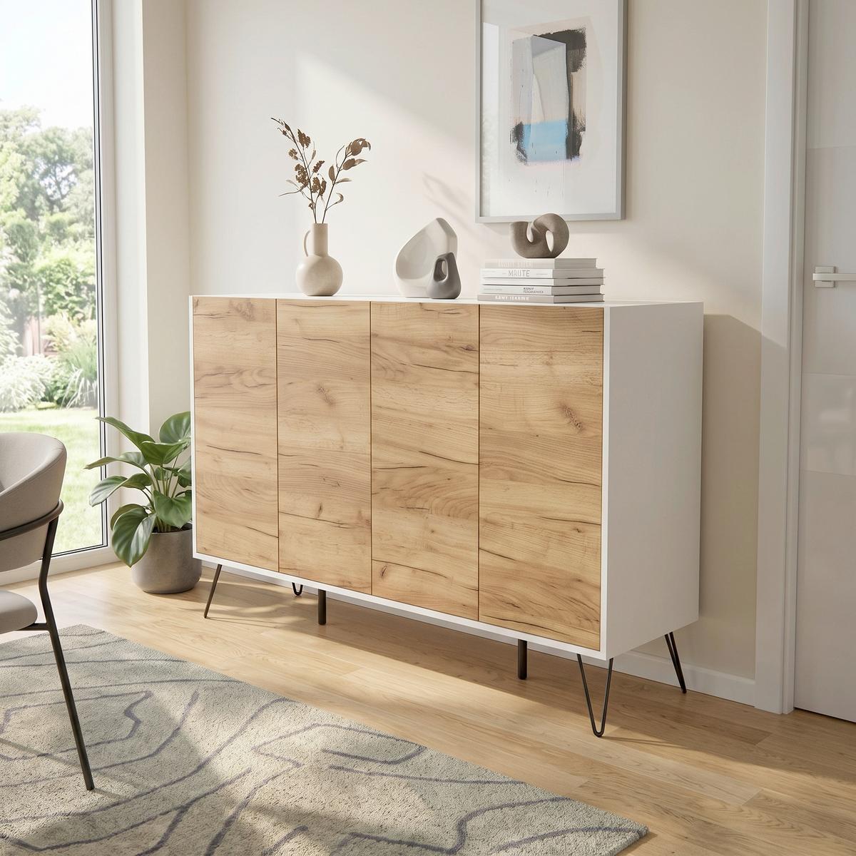 Sideboard Posseik Industrial Eichefarben/Weiß B: 155 cm - Weiß Hochglanz/Eichefarben, Design, Holzwerkstoff (155/93,6/42cm) - MID.YOU