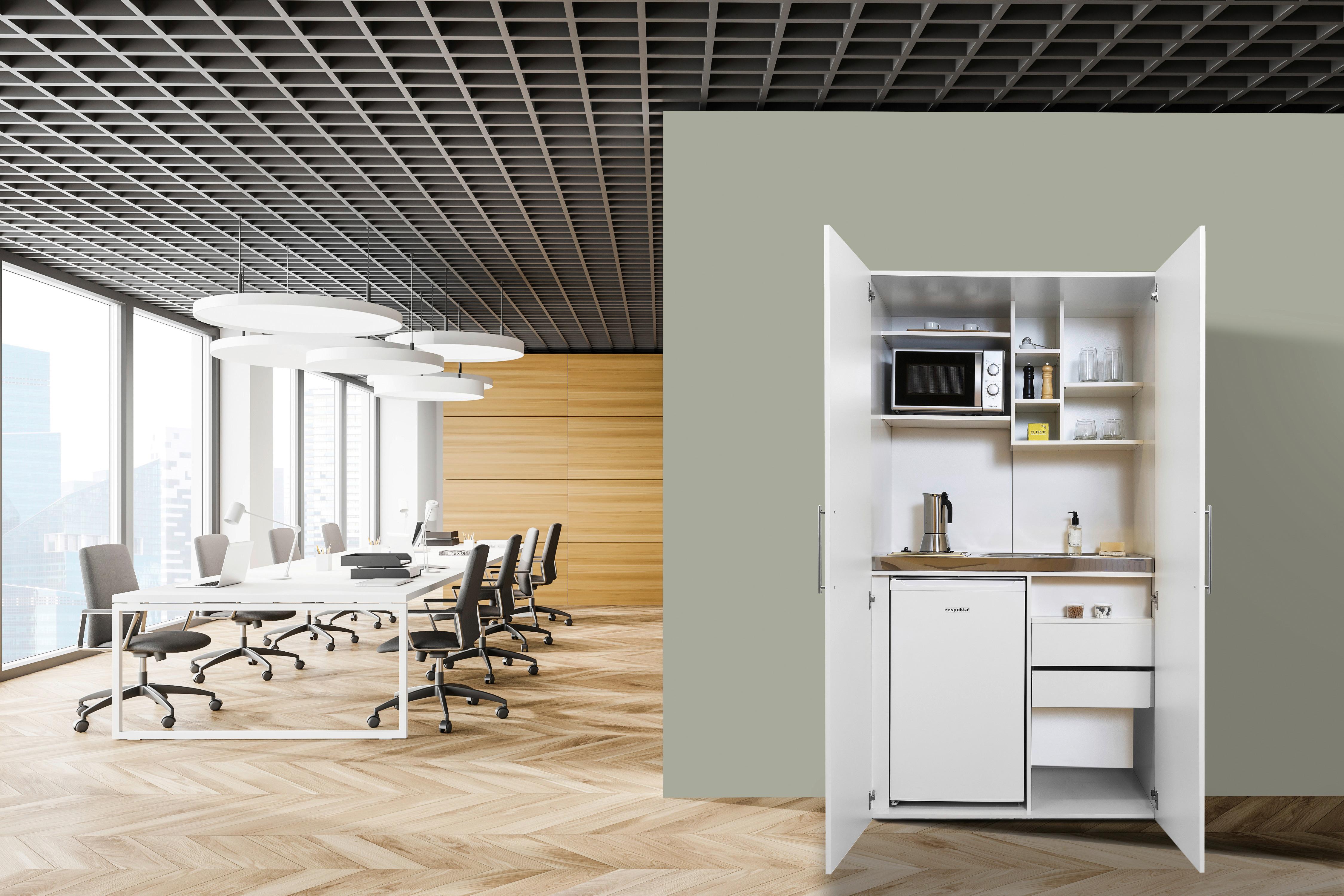 Schrankküche m. Kühlschrank + Mikrowelle 104 cm elegant - Weiß, MODERN, Holzwerkstoff/Metall (104/193/67cm) - Respekta