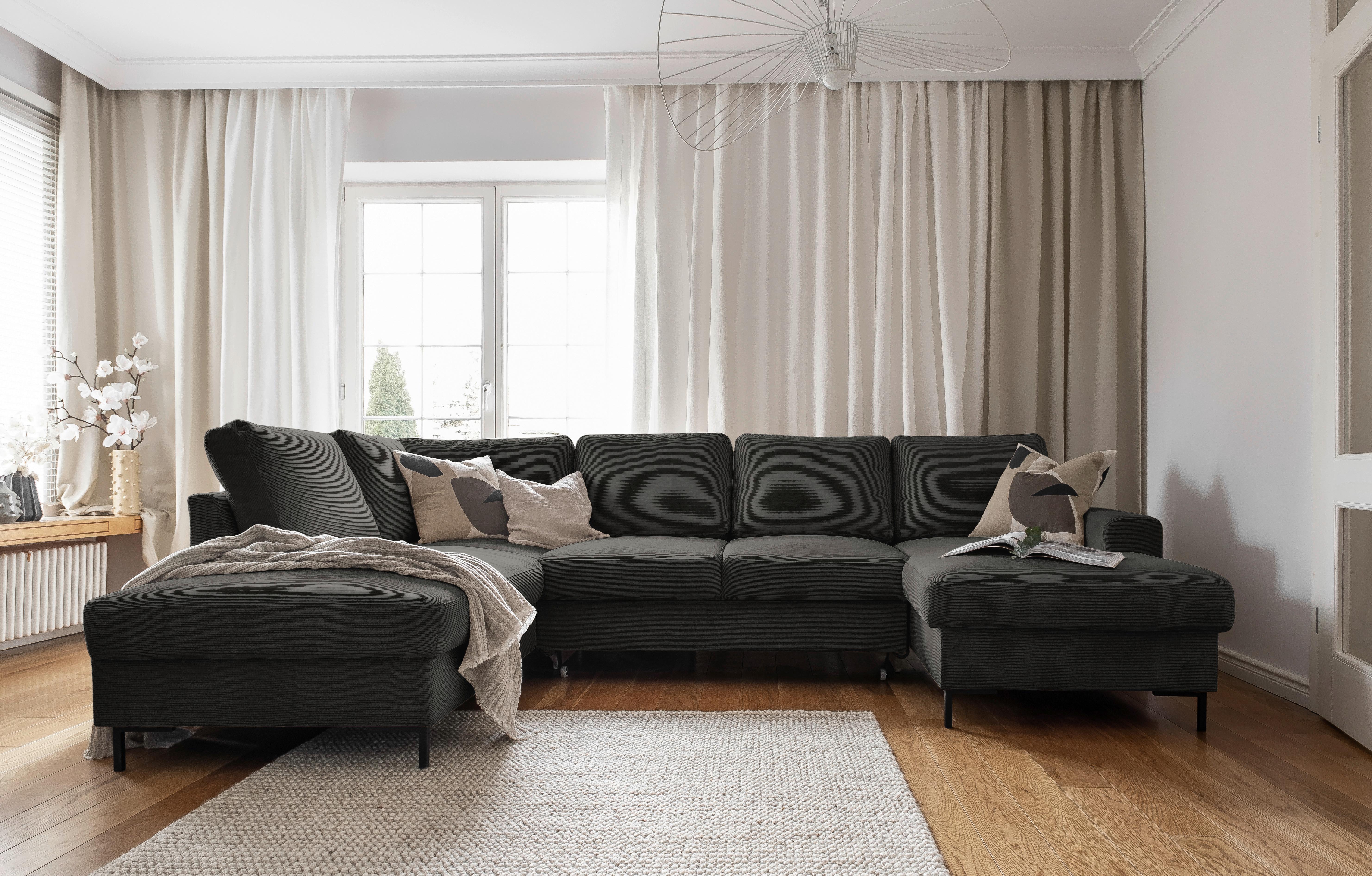 Sedačka LEONIE U, ľavá, sivý menčester - čierna/sivá, Design, kov/drevo (197/303/148cm)