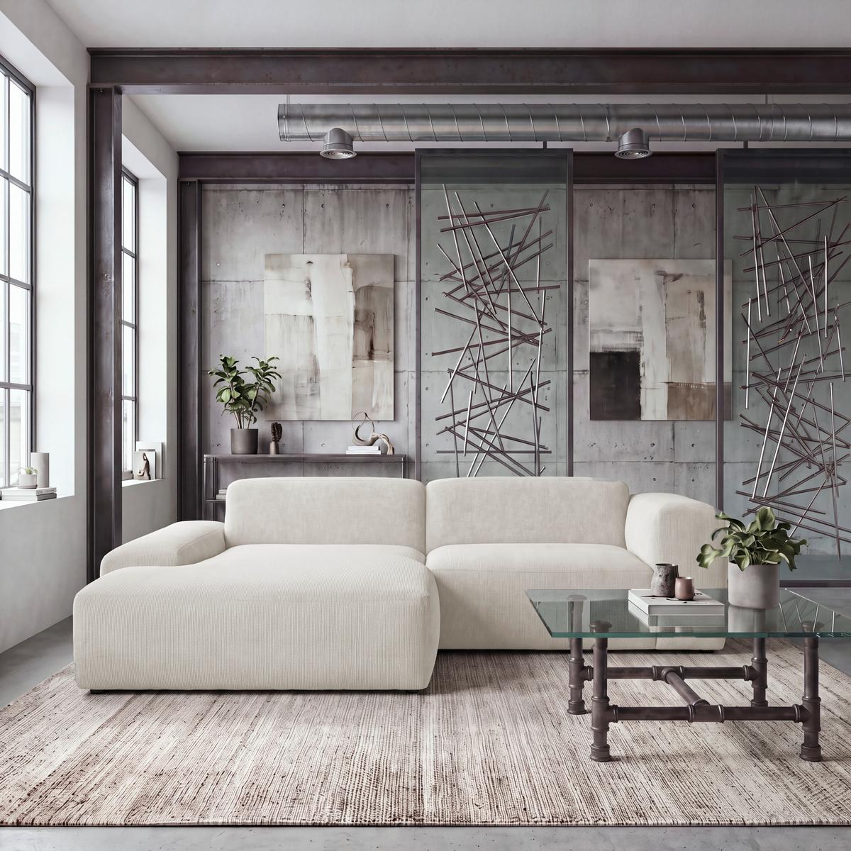 ECKSOFA Hannah Creme 170x252 cm - Creme/Schwarz, Design, Textil (170/252cm) - MID.YOU