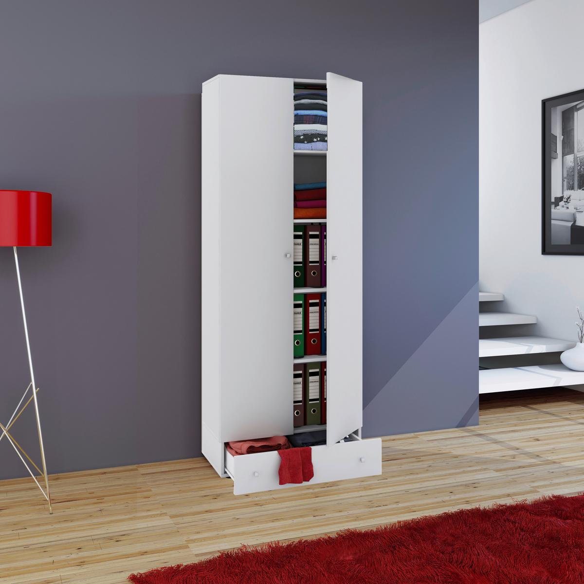 Víceúčelová skříň VANDOL se zásuvkou, bílá - bílá/černá, Moderní, kompozitní dřevo/plast (70/198/39cm) - MID.YOU