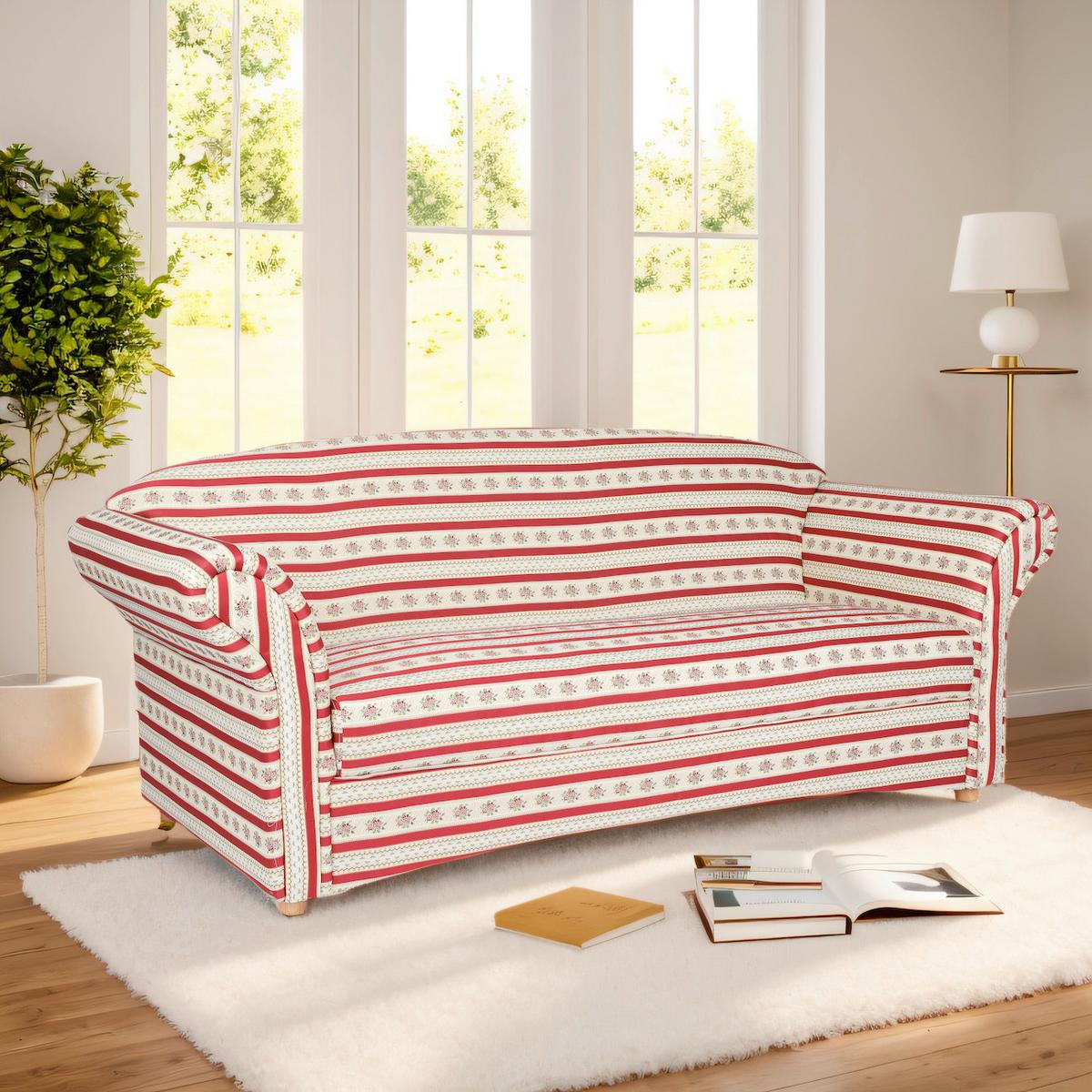 3-Sitzer Loretta,rot gestreift Blumenmuster, ca. 204x83x85 cm - Hellbraun/Bordeaux, Basics, Holz/Textil (204/83/85cm)