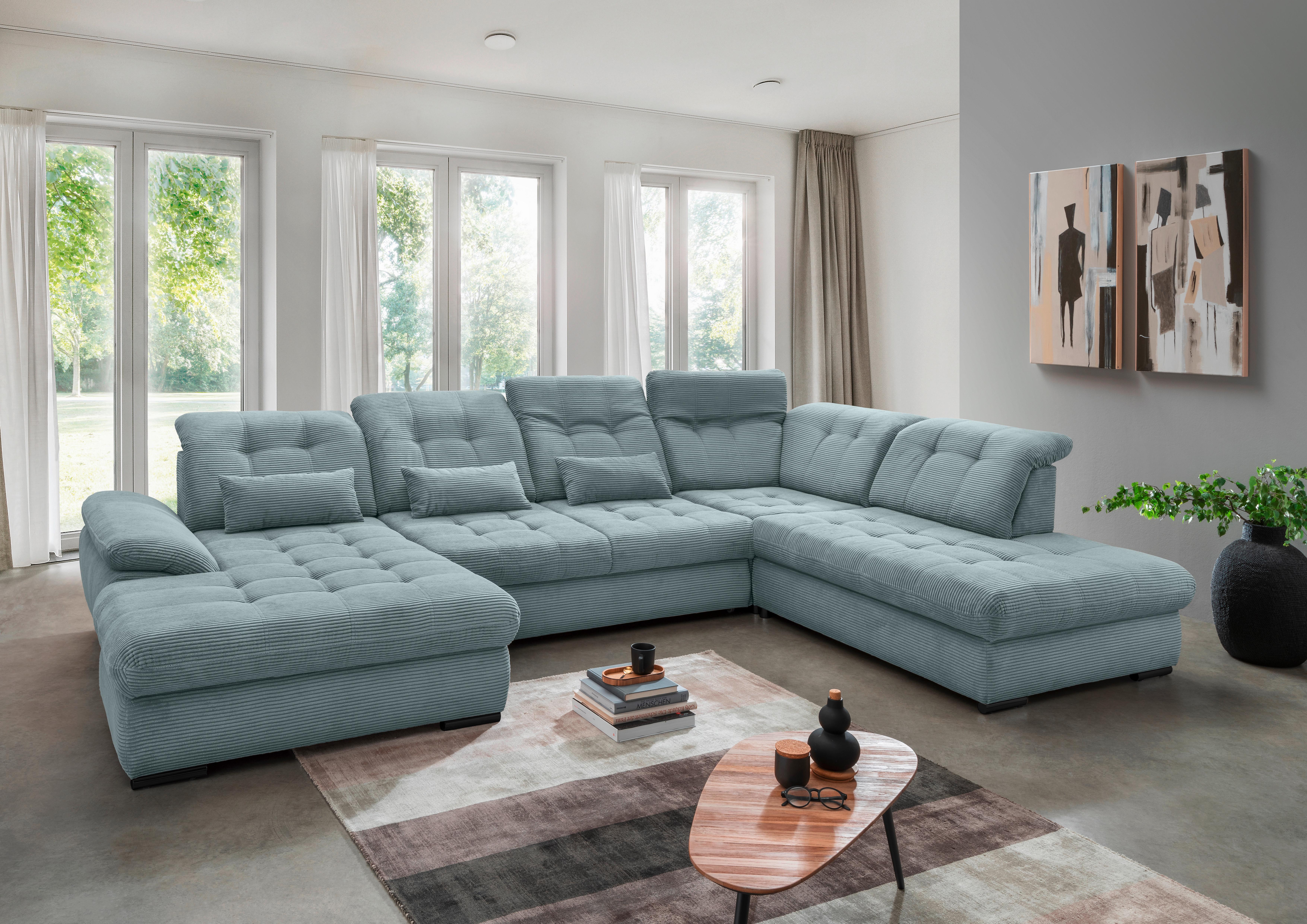 Wohnlandschaft mit Bettkasten Rigatti Hellblau B: 387 cm - Schwarz/Hellblau, MODERN, Textil (184/387/252cm) - Livetastic