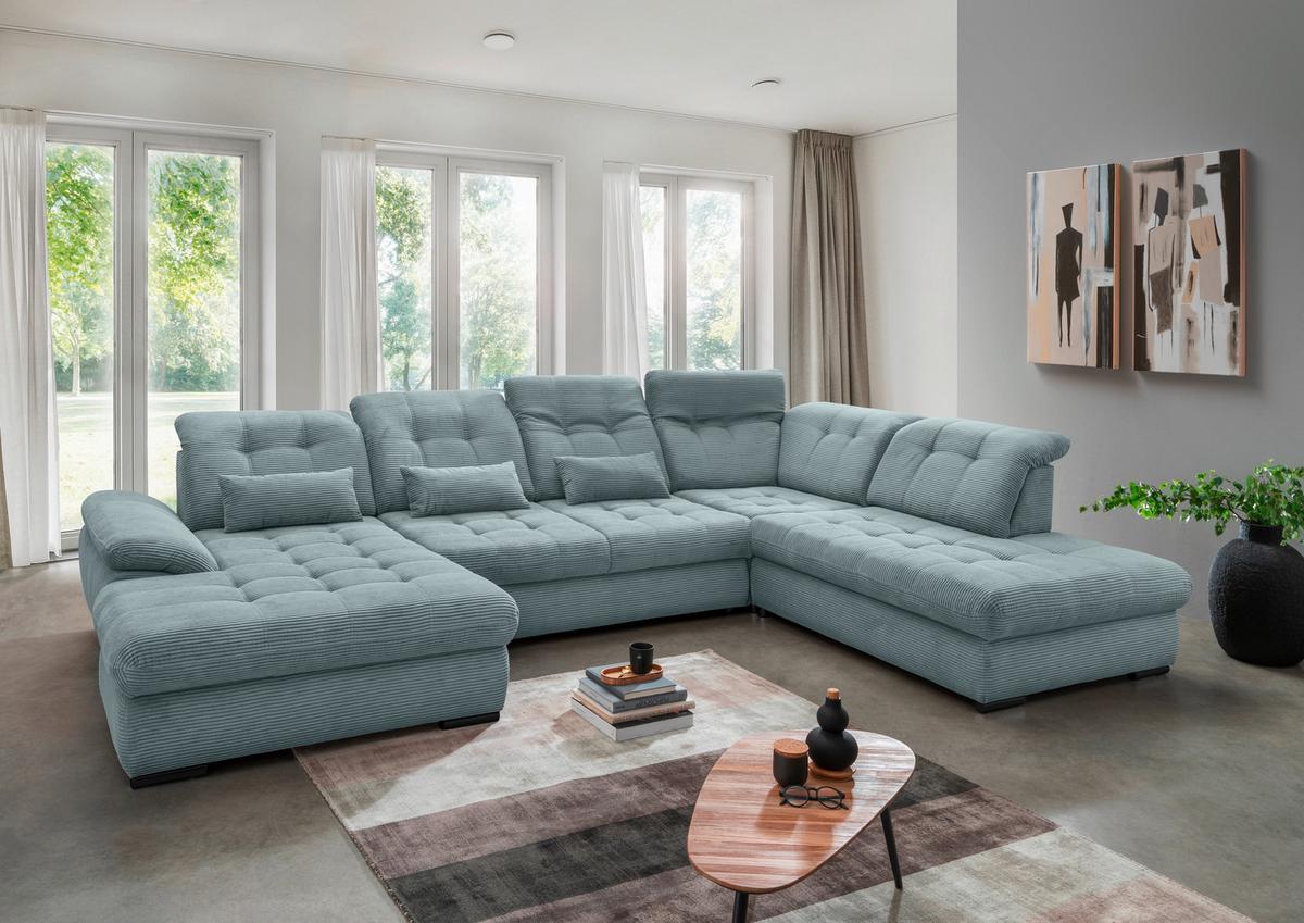 Wohnlandschaft Mit Bettkasten Rigatti Hellblau B: 387 Cm - Schwarz/Hellblau, MODERN, Textil (184/387/252cm) - Livetastic