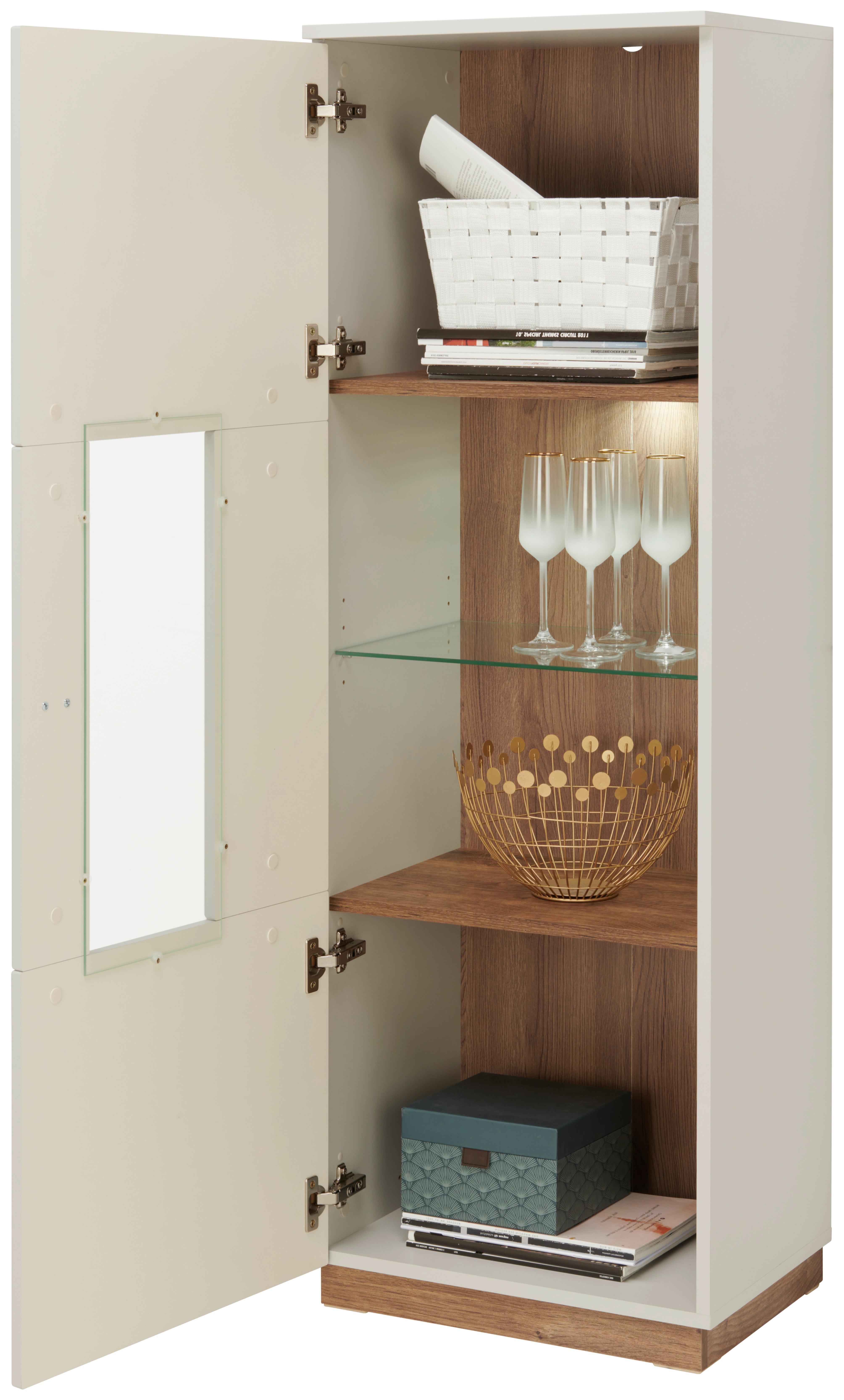Vitrine in Hellgrau und Eichefarben