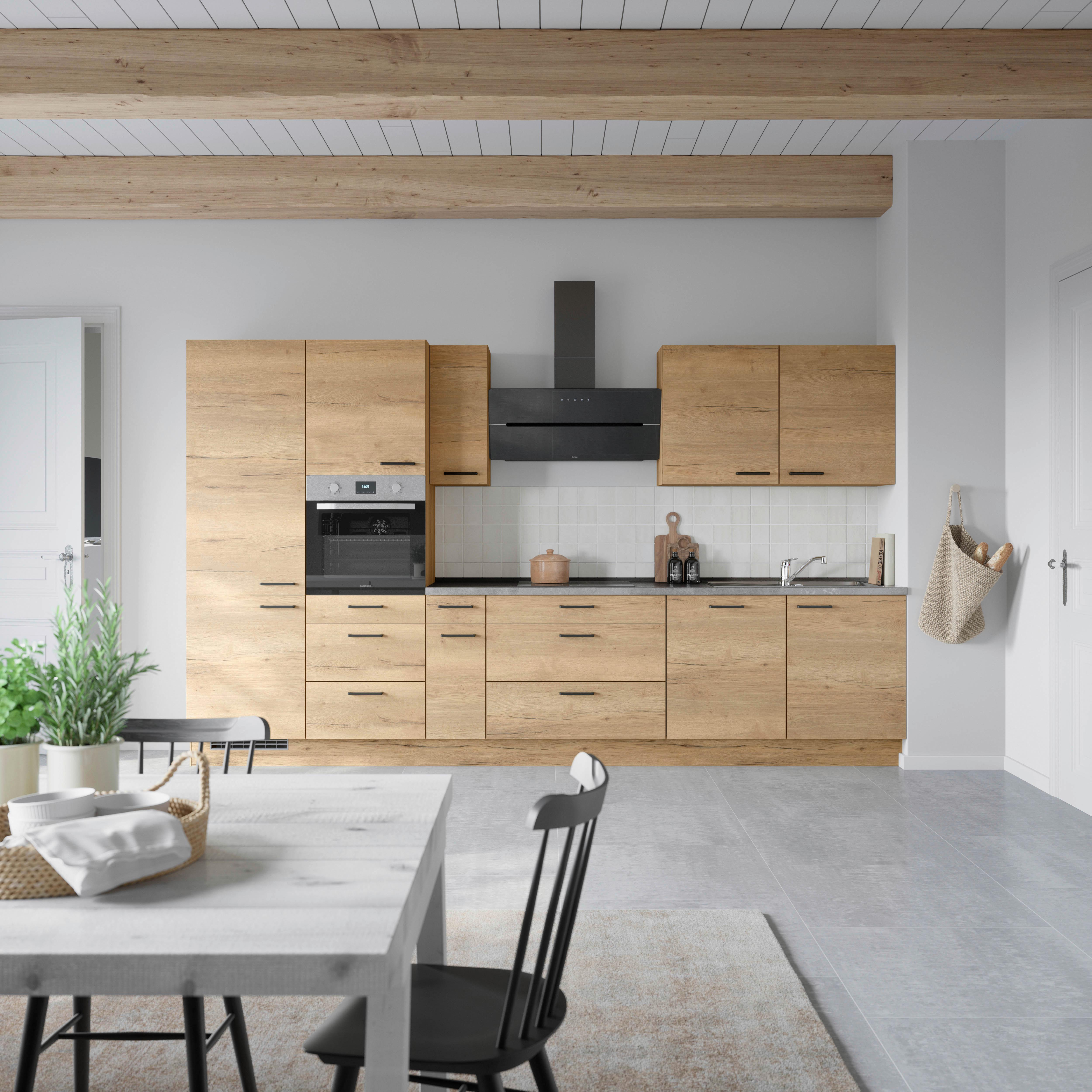 Kuchynská linka 360 cm, dub Sierra - čierna/farba duba, Modern, kov/kompozitné drevo (360cm) - Nobilia