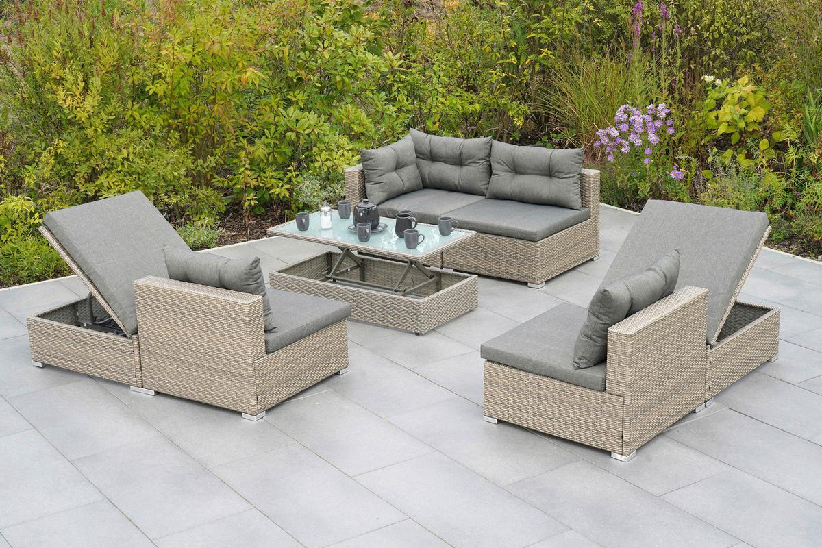 Loungegarnitur 7-Tlg. Vilemanzano aus Kunststoff - Naturfarben/Grau, MODERN, Glas/Kunststoff - Gardenson