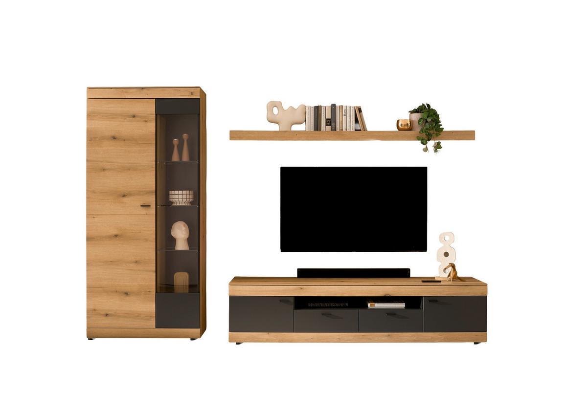 Wohnwand Soleto Graphit/Eichefarben B: 300cm - Eichefarben/Schwarz, Design, Glas/Holzwerkstoff (300/201/45cm) - MID.YOU