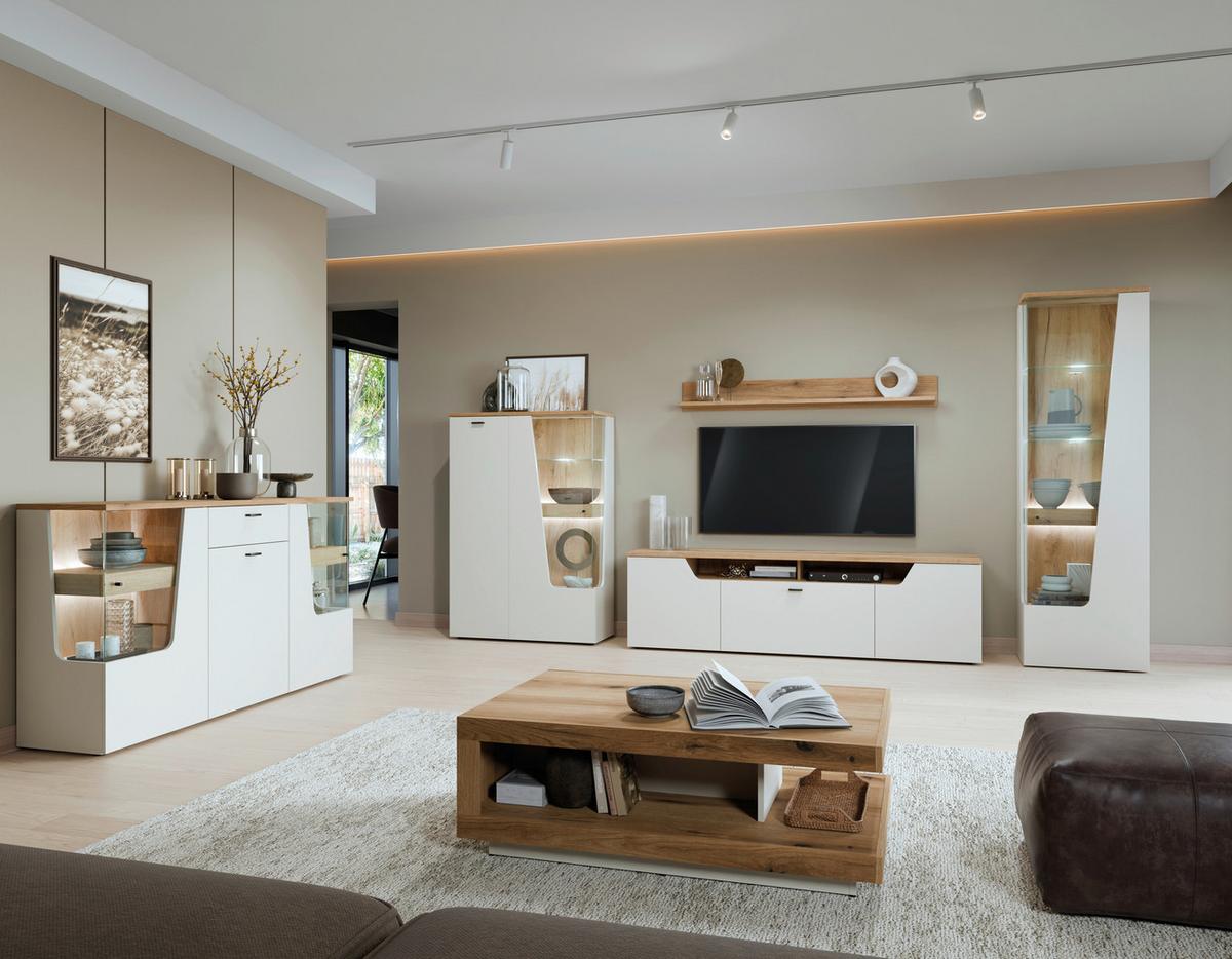 Sideboard Cut Out, B: 165cm Kaschmir/Eichefarben - Kaschmir/Eichefarben, MODERN, Glas/Holzwerkstoff (165/90/40cm) - Premium Living
