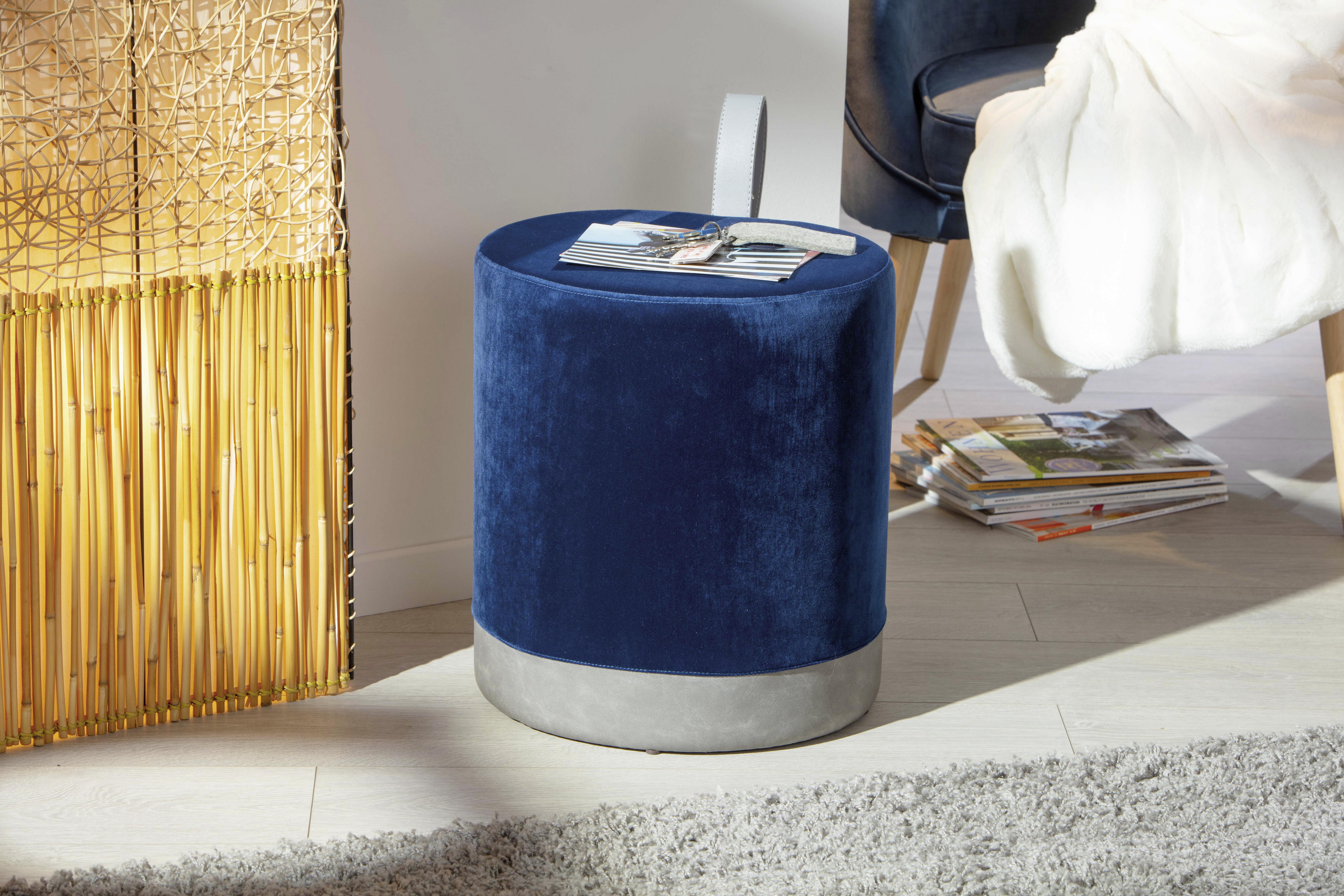 Hocker Osane Samt Blau/Grau Sitz Gepolstert H: 43 cm - Blau/Grau, KONVENTIONELL, Holzwerkstoff/Kunststoff (38/43/32,5cm) - MID.YOU
