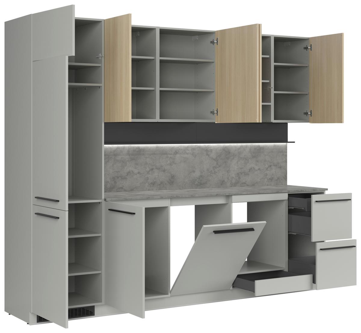 Kuchynská linka MILINO MEDIUM vrát.obkladu a LED regálu - čierna/sivá, Basics, kompozitné drevo/plast (285cm) - Visiona