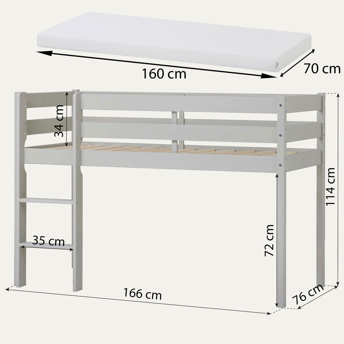 Hochbett Eco Comfort Grau, Lf: 70x160 cm - Naturfarben/Grau, MODERN, Holz (70/160cm) - MID.YOU