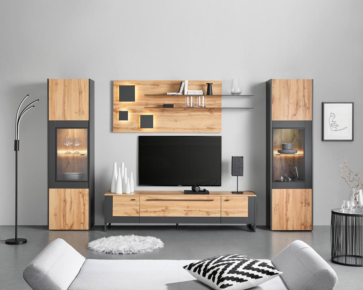 VITRÍNA SKAGEN - barvy dubu/černá, Moderní, kov/kompozitní dřevo (56/196/40cm) - Premium Living