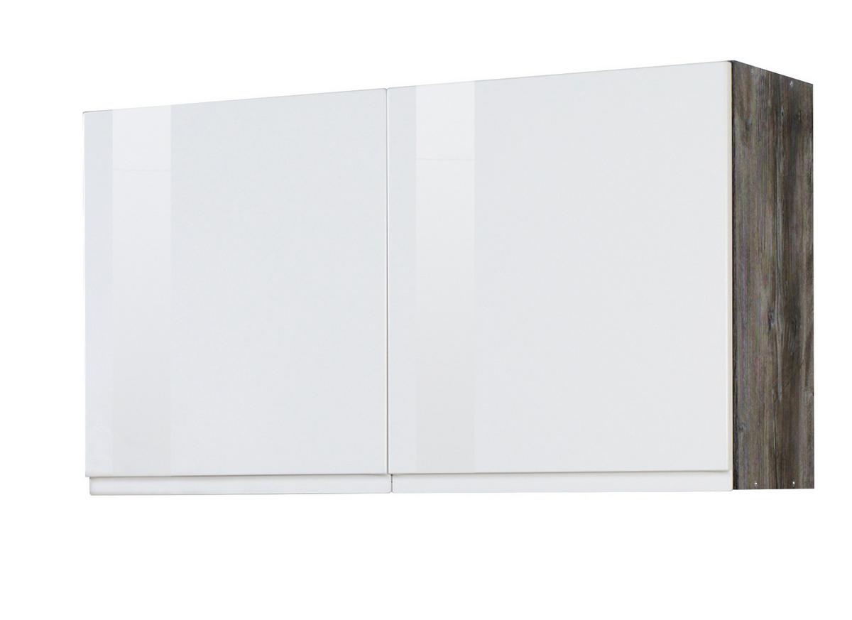 Küchenoberschrank Cardiff 100cm Weiß/Vintage 2 Drehtüren - Weiß Hochglanz/Grau, Basics, Holzwerkstoff (100/57/34cm) - Held