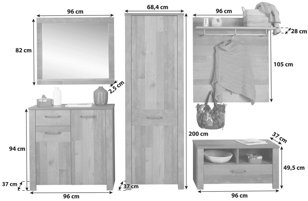 Garderoben-set Ontario Old Style Dekor 5 -Teilig. Mit Spiegel - Eichefarben/Grau, Trend, Holzwerkstoff (260,40/200/37cm) - Ondega