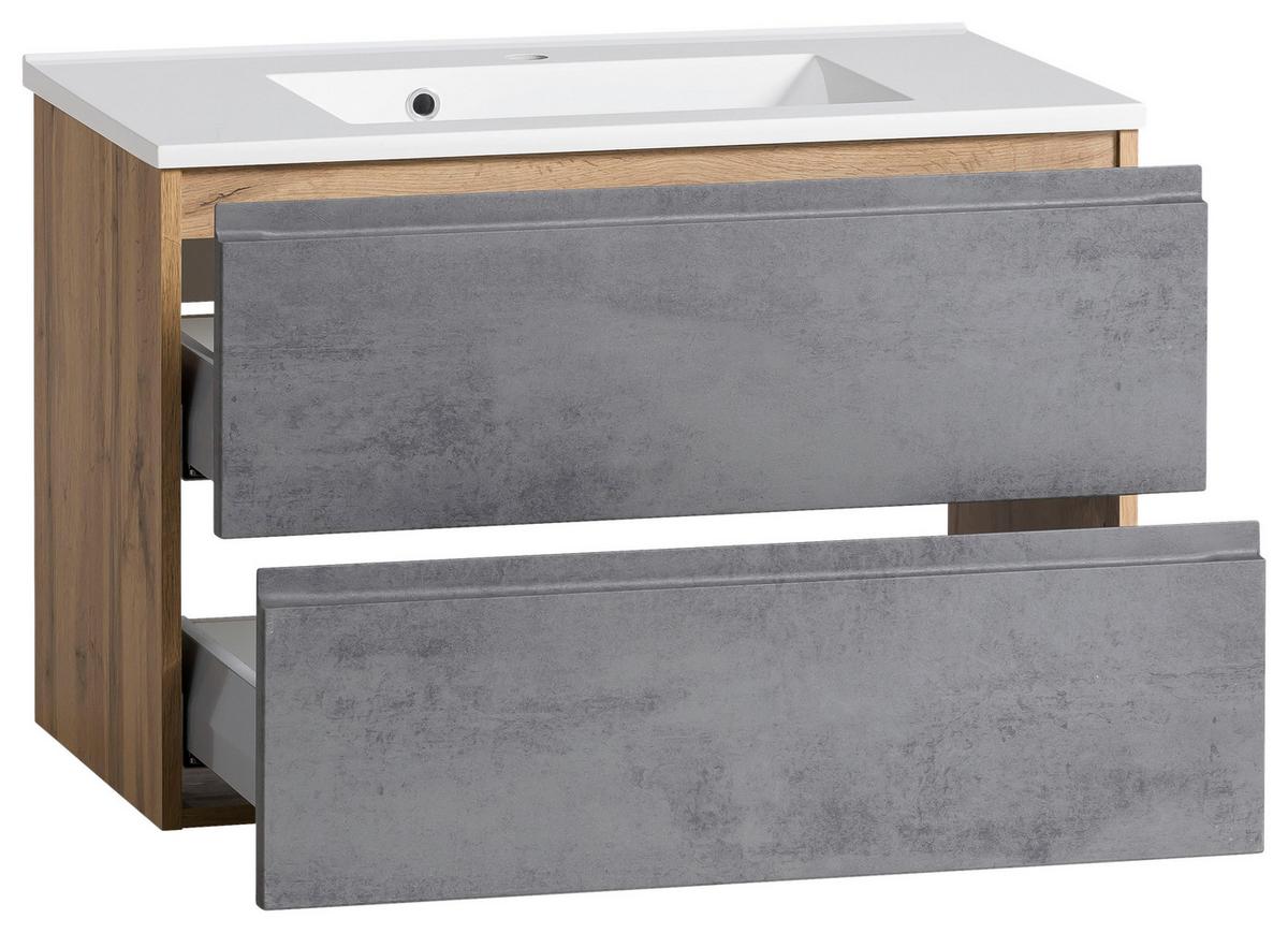 Waschbecken Mit Unterschrank Varese B: 80 Cm Grau/eiche - Eiche Wotan/Weiß, MODERN, Holzwerkstoff/Stein (80cm) - Held