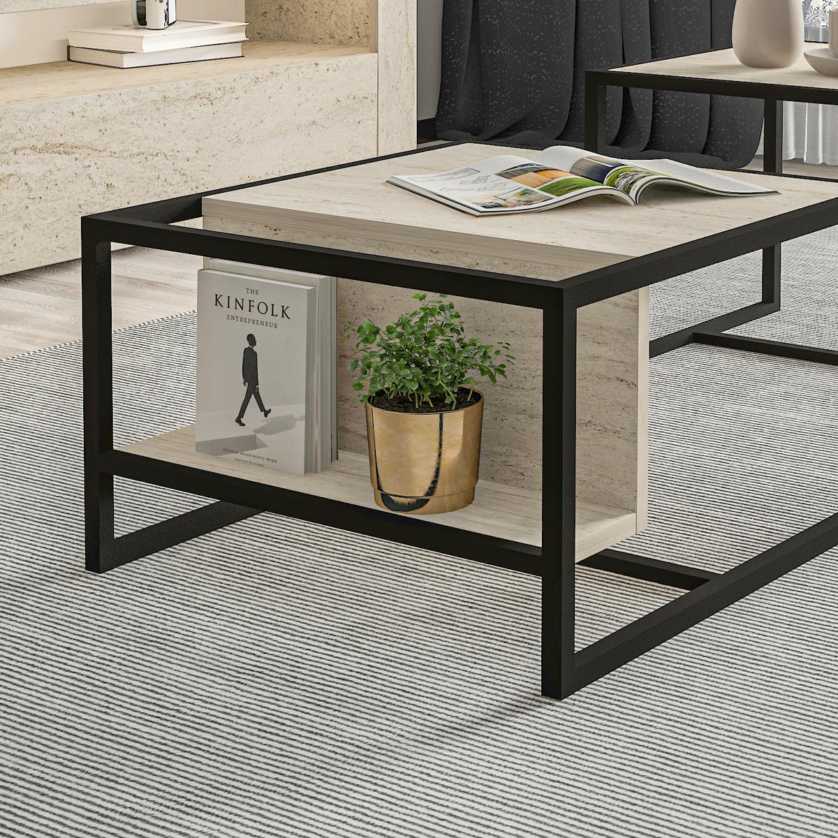 Couchtisch Bati Beige B: 60-63 Cm - Beige/Schwarz, Design, Holzwerkstoff/Metall (60-63/45-40/50-55cm) - Livetastic