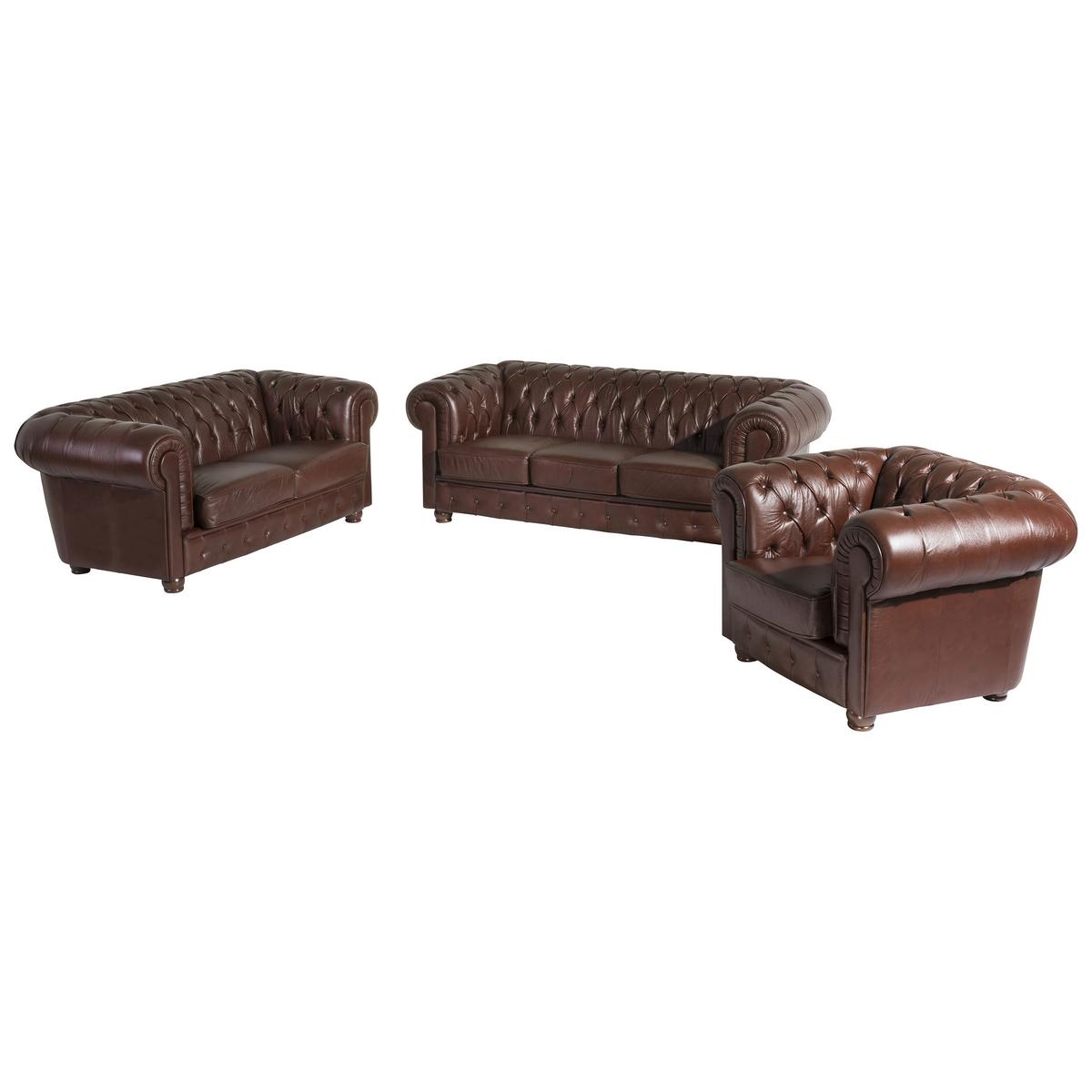 Sitzgarnitur 3-Tlg. Bridgeport Echtleder Braun - Nussbaumfarben/Braun, Design, Leder/Holz (200/76/98cm) - Max Winzer