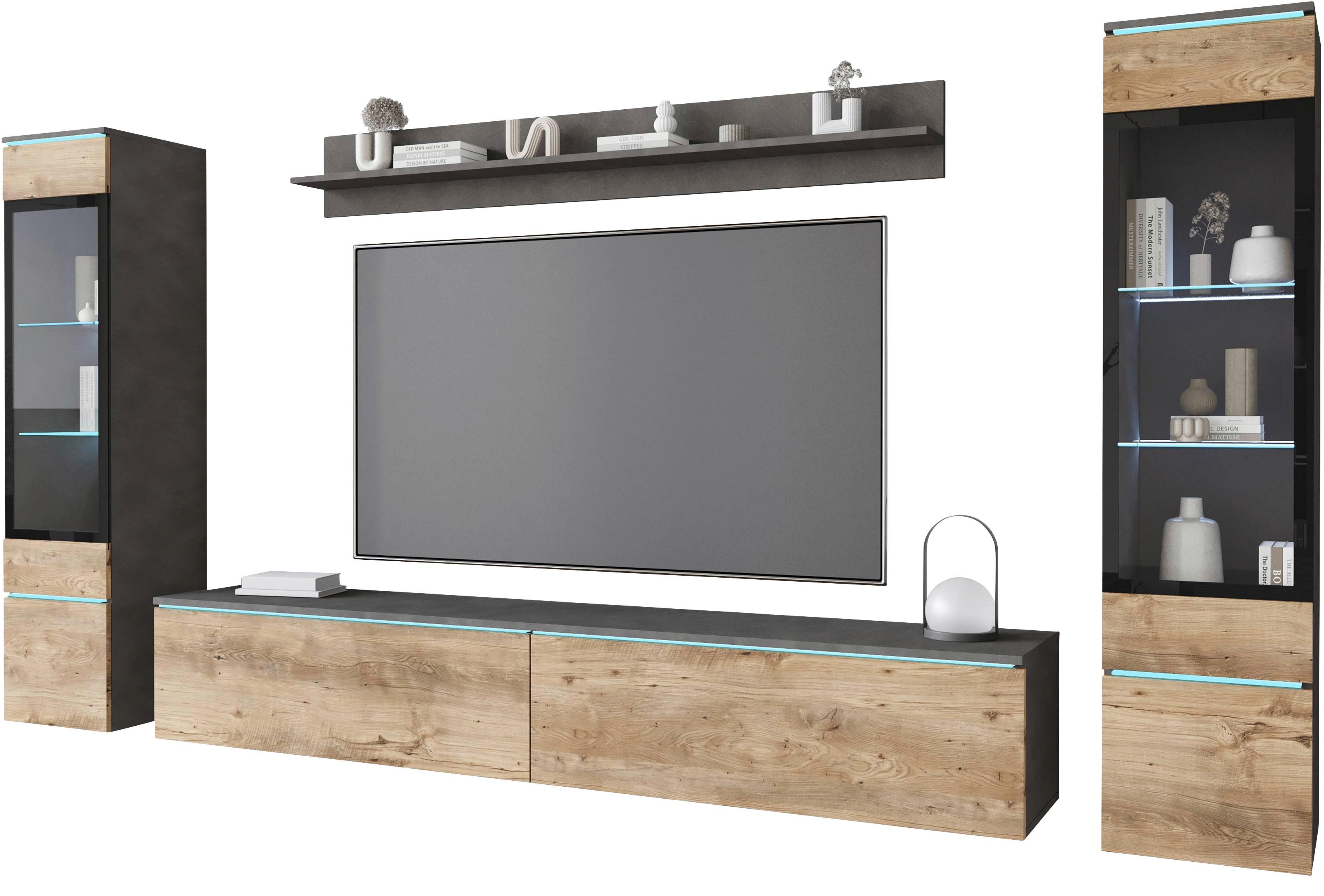 Wohnwand Vera Ii 4-teilig Anthrazit/kastanief.  B: 240cm - Kastanieneichefarben/Anthrazit, Trend, Glas/Holzwerkstoff (240/130/33cm) - P & B