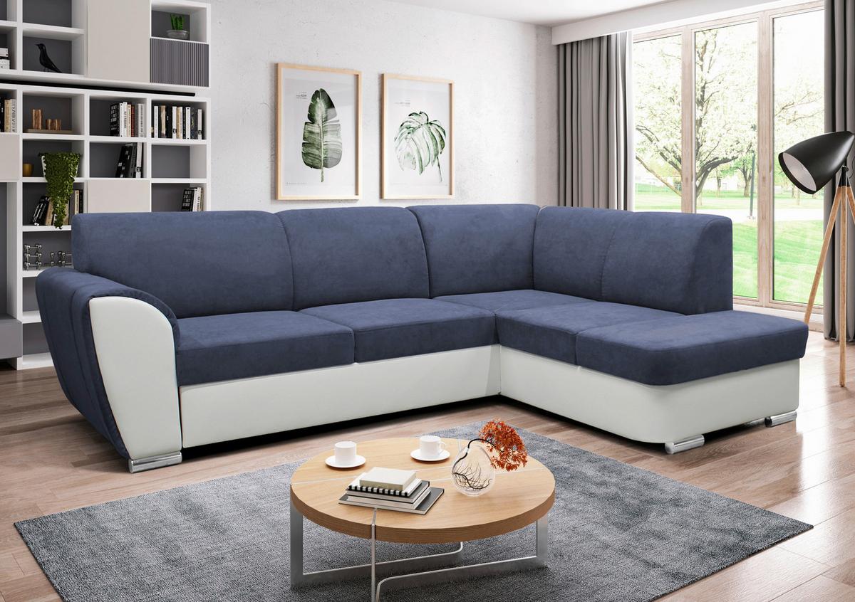 Ecksofa Mit Bettkasten Doris Rücken Echt Blau/weiß - Blau/Silberfarben, Design, Textil (255/196cm) - MID.YOU