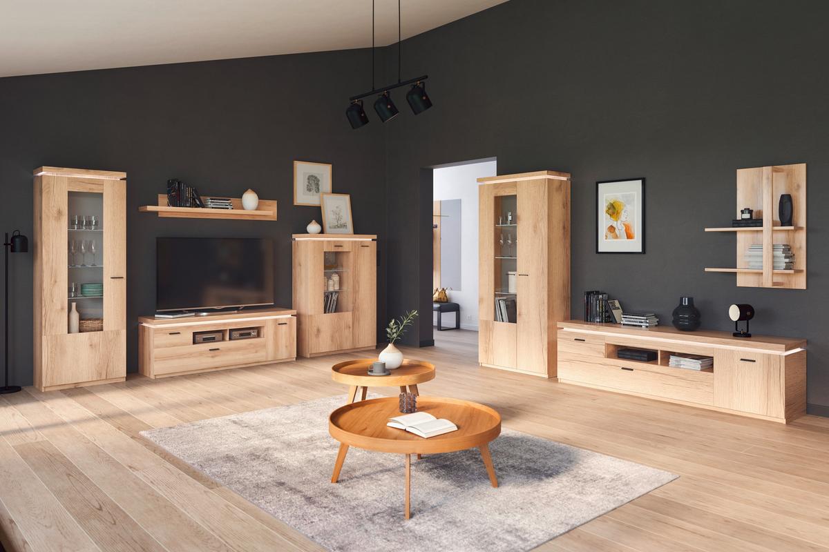 Wohnkombination Modern 3 -teilig. Mit Led Vancouver, Eiche Dekor - Eichefarben, MODERN, Glas/Holzwerkstoff (266/198/44cm)