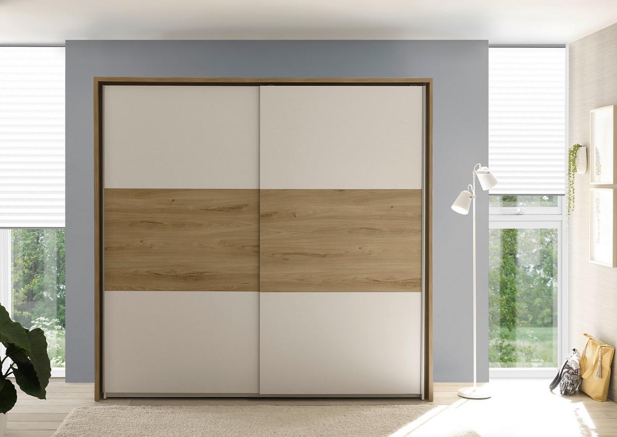 Spálňa Kiara - skriňa, posteľ PL: 180x200cm, 2x nočný stolík - biela/farba duba, Modern, kompozitné drevo - Livetastic