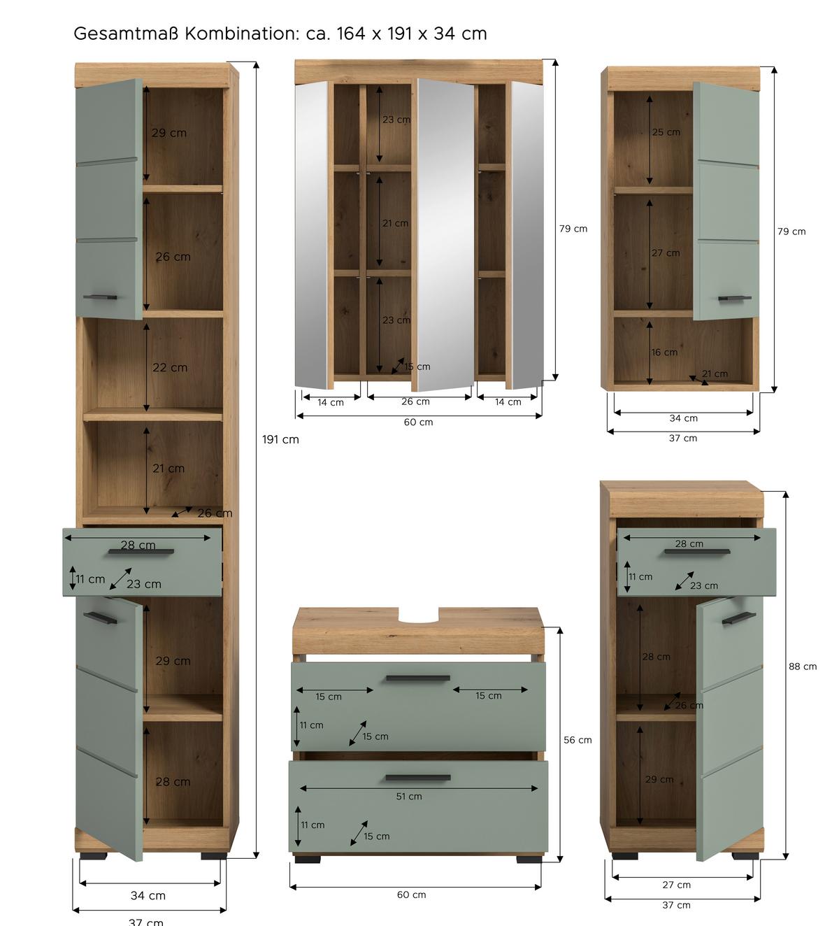 Badezimmer Scout Salbeigrün/eiche D. B: 134 Cm - Salbeigrün/Schwarz, MODERN, Holzwerkstoff (134cm) - MID.YOU