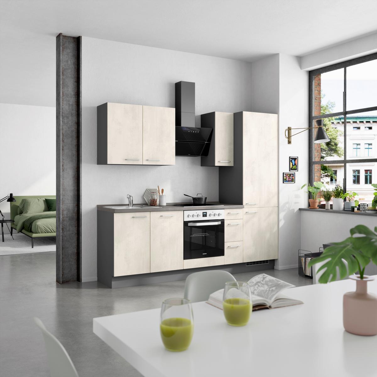 Kuchynská linka 240CM biely betón/ bridlicová šedá - biela/farba ušľachtilej ocele, Modern, kov/kompozitné drevo (240cm) - Nobilia