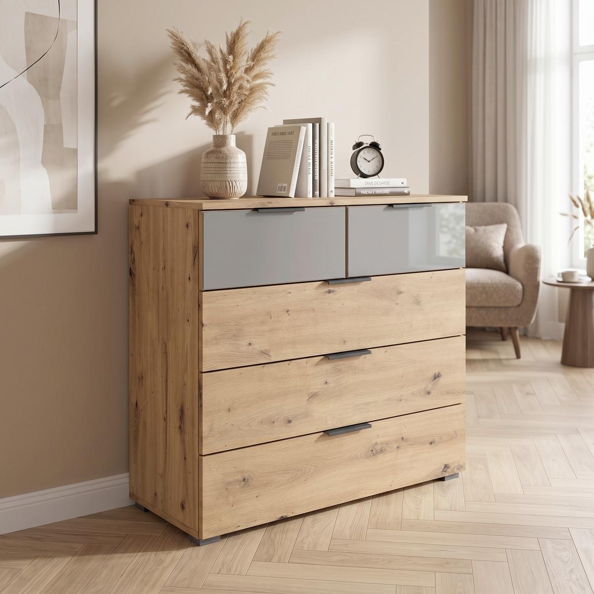 Kommode Skyla Eiche Artisan Dekor, 81 cm - Alufarben/Eiche Artisan, MODERN, Glas/Holzwerkstoff (80/81/42cm) - Rauch Möbel