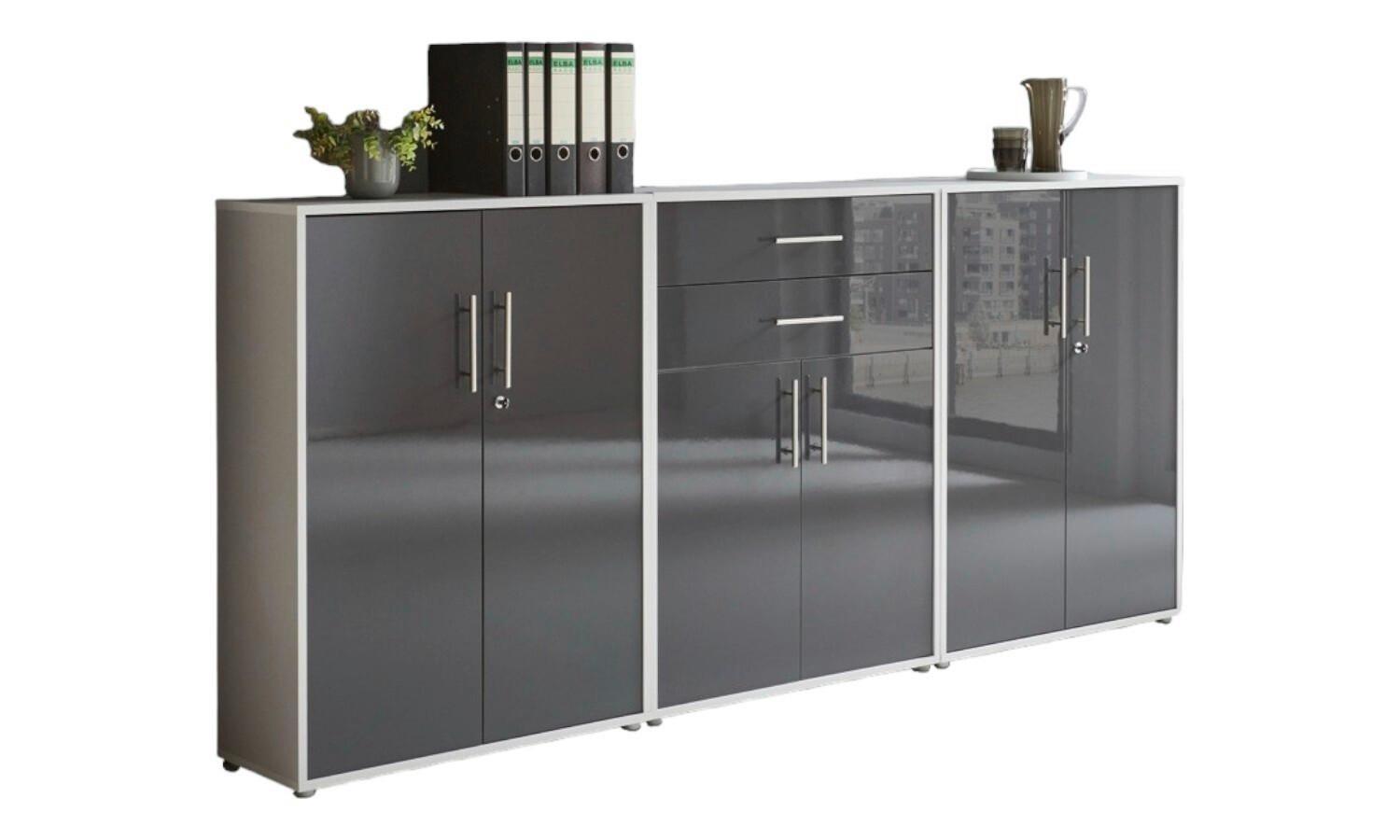Aktenschrank Office Edition Grau/Anthrazit Hg B: 253,2cm - Anthrazit Hochglanz/Grau, MODERN, Holzwerkstoff (253,2/113,6/33cm) - MID.YOU