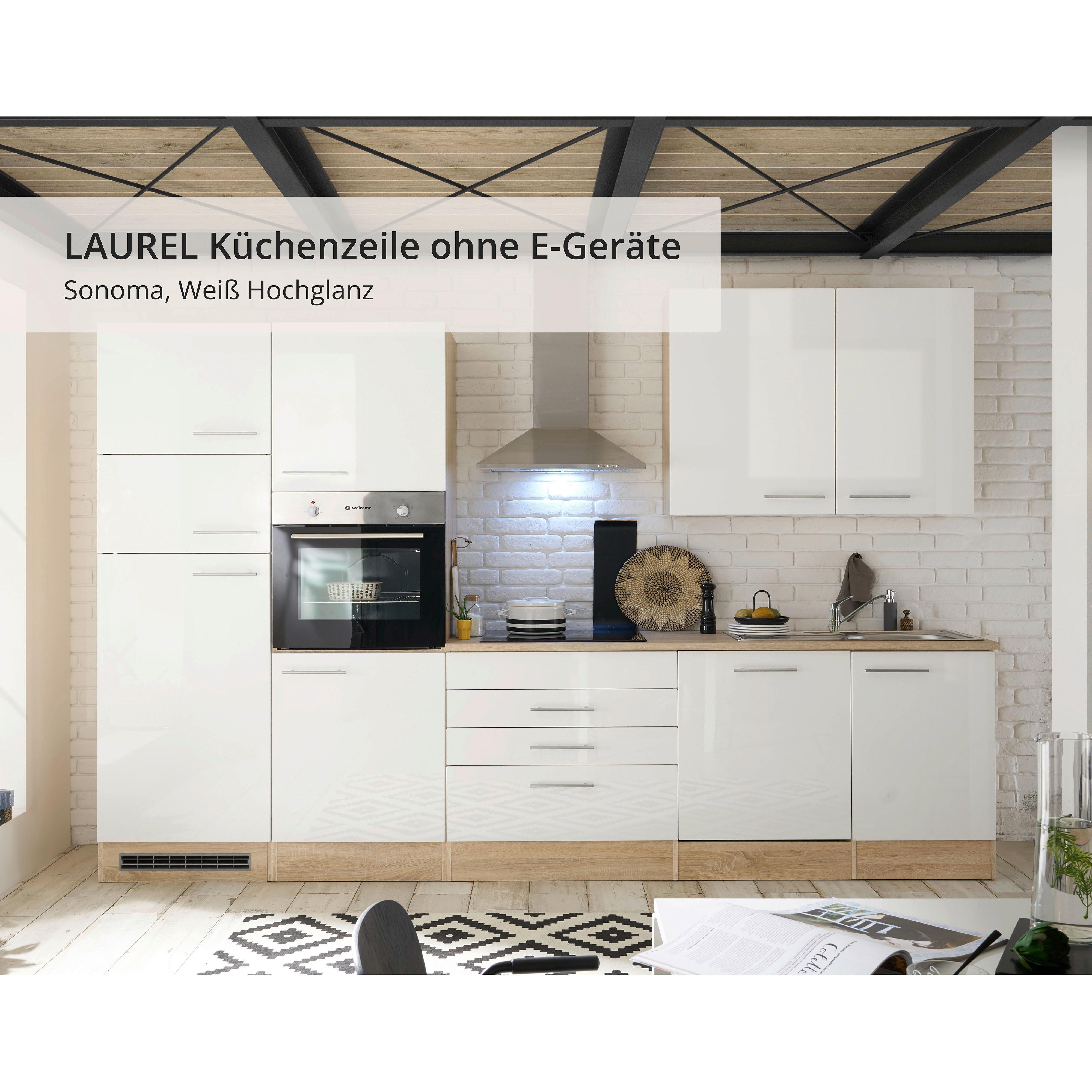 Küchenzeile Laurel Ohne Geräte 310 Cm Eiche/weiß Hochglanz - Weiß/Sonoma Eiche, MODERN, Holzwerkstoff (310cm) - MID.YOU