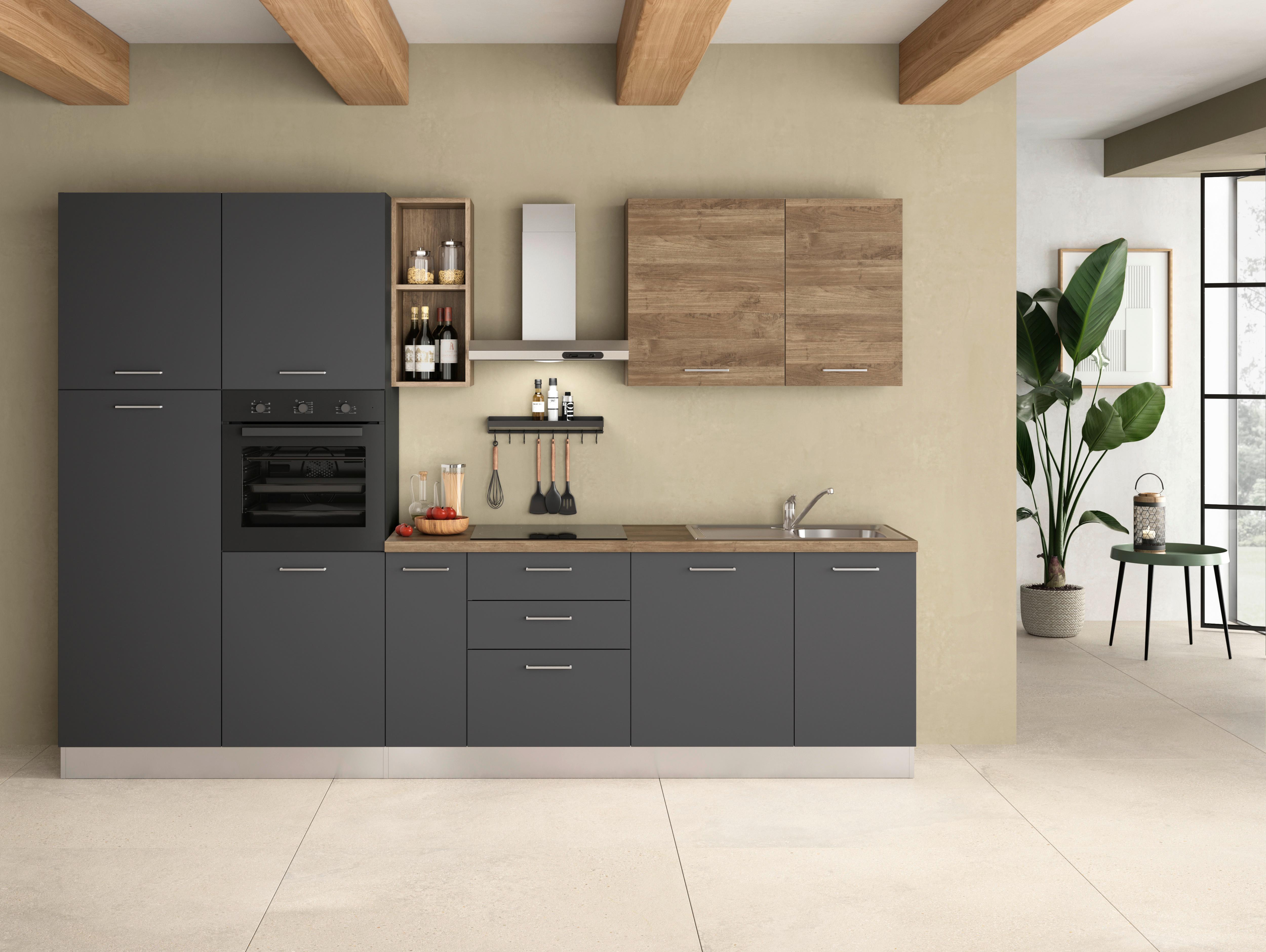 Küchenzeile Freia Mit Kühlschrank 315 Cm - Walnussfarben/Alufarben, LIFESTYLE, Holzwerkstoff/Kunststoff (315cm) - MID.YOU