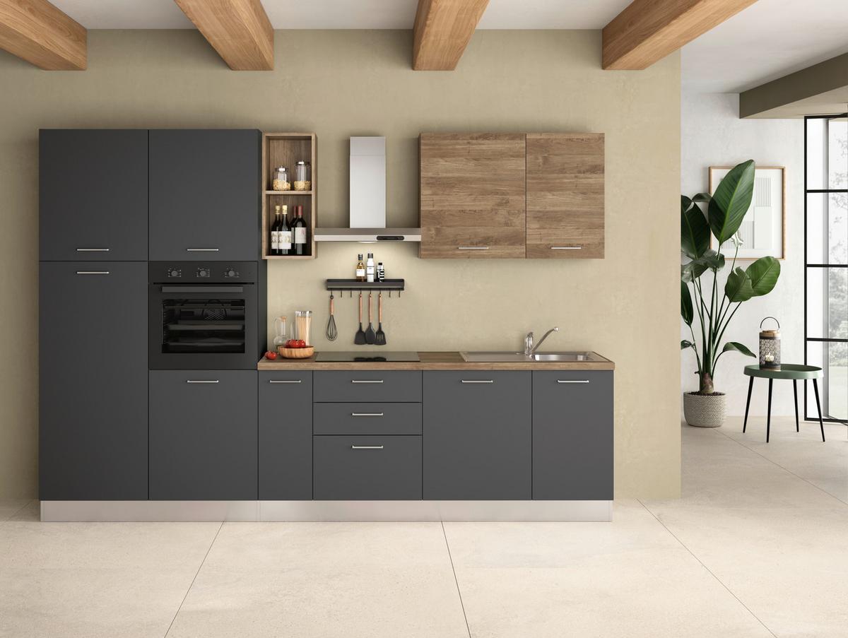 Küchenzeile Freia Mit Kühlschrank 315 Cm - Walnussfarben/Alufarben, LIFESTYLE, Holzwerkstoff/Kunststoff (315cm) - MID.YOU