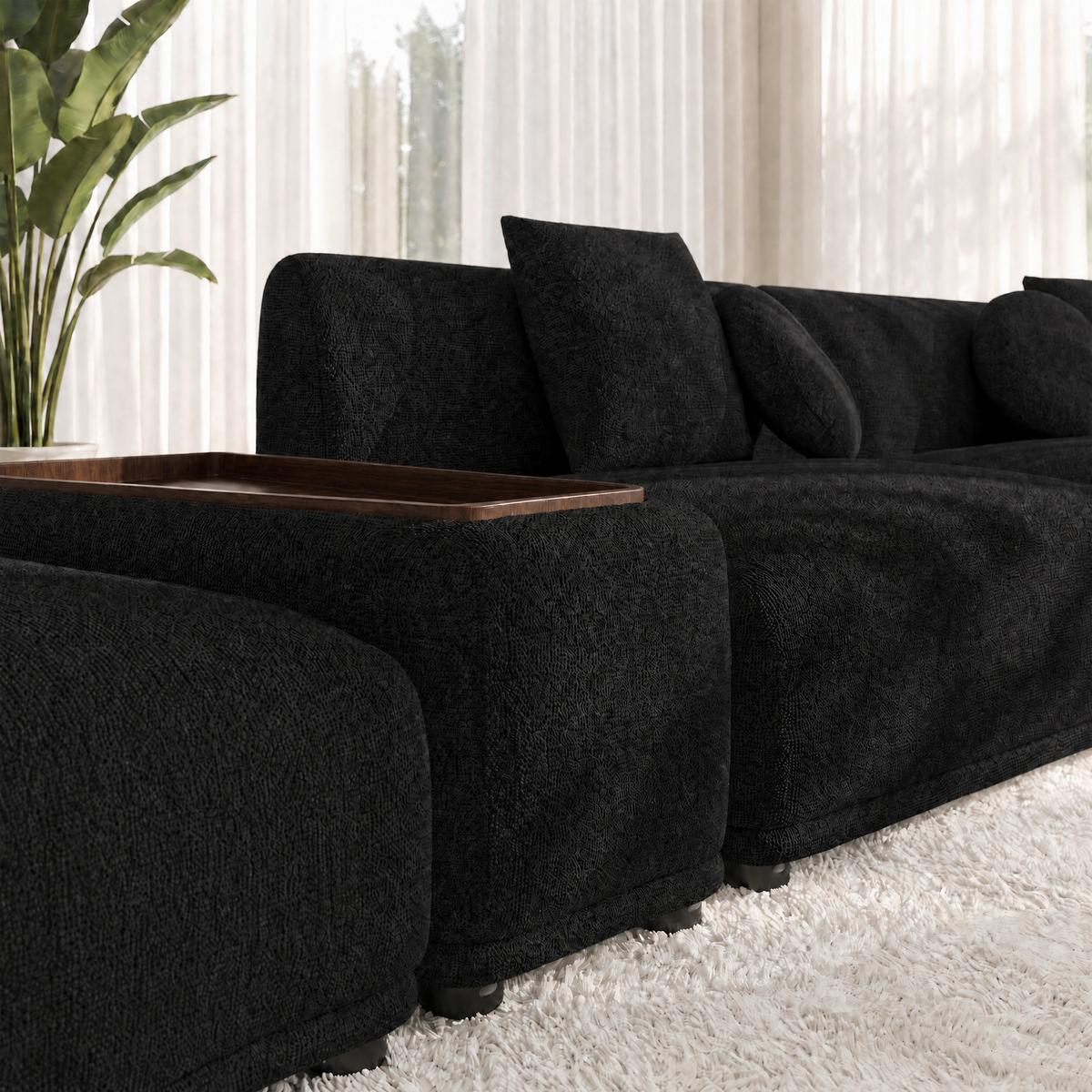 Rohová sedačka KIRA, čierna ženilka, so stolíkom - čierna, Modern, drevo/textil (408/108cm) - Bessagi Home