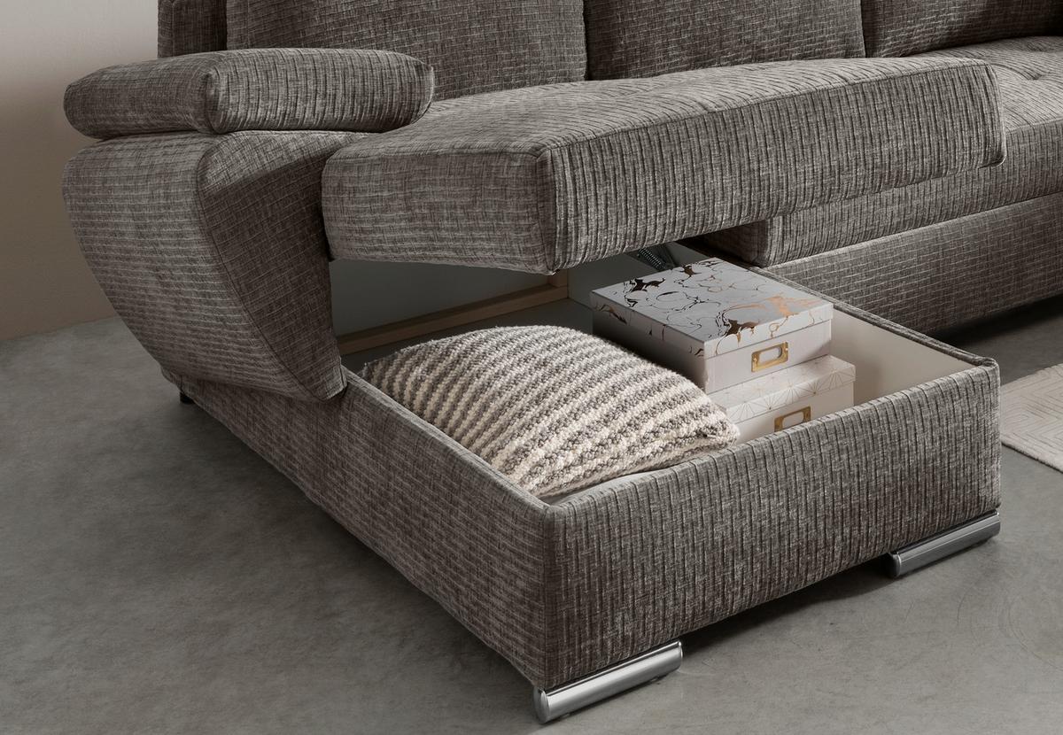 Wohnlandschaft Terana Graubr. mit Schlaffunktion, Mikrofaser - Chromfarben/Graubraun, KONVENTIONELL, Textil (157/305/219cm) - Livetastic