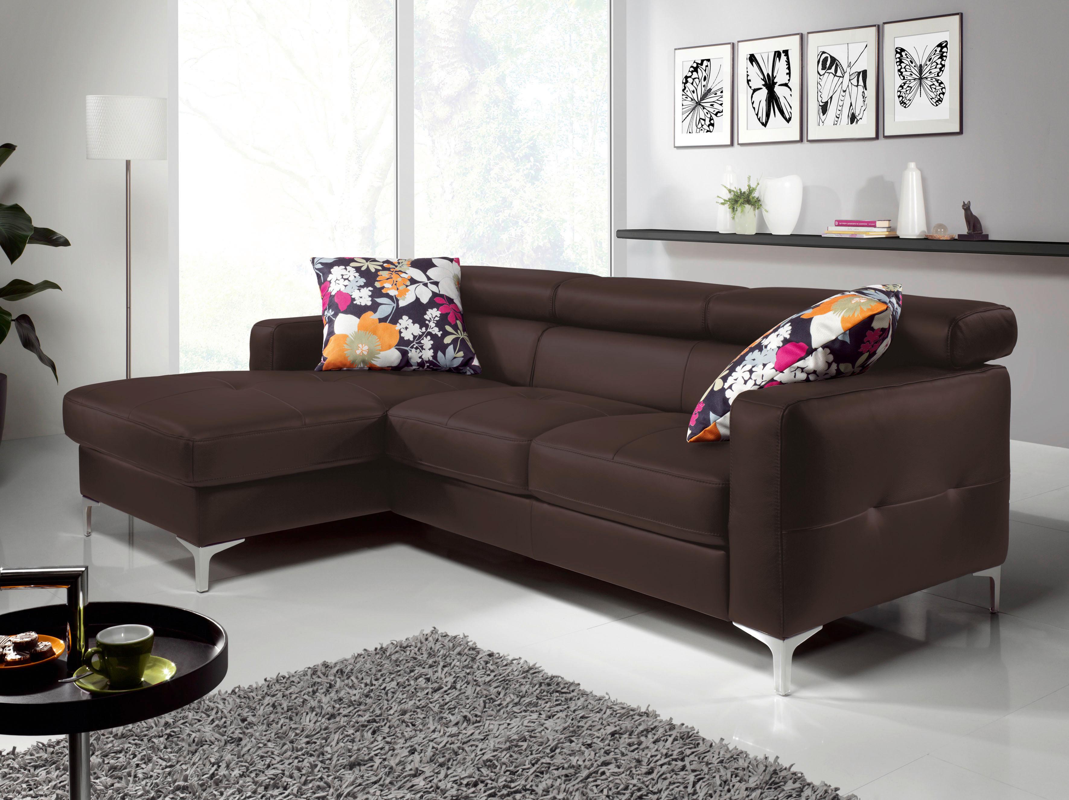 Ecksofa Mit Schlaffunktion Sammy Dunkelbraun Leder - Chromfarben/Dunkelbraun, Design, Leder (168/227cm) - Livetastic