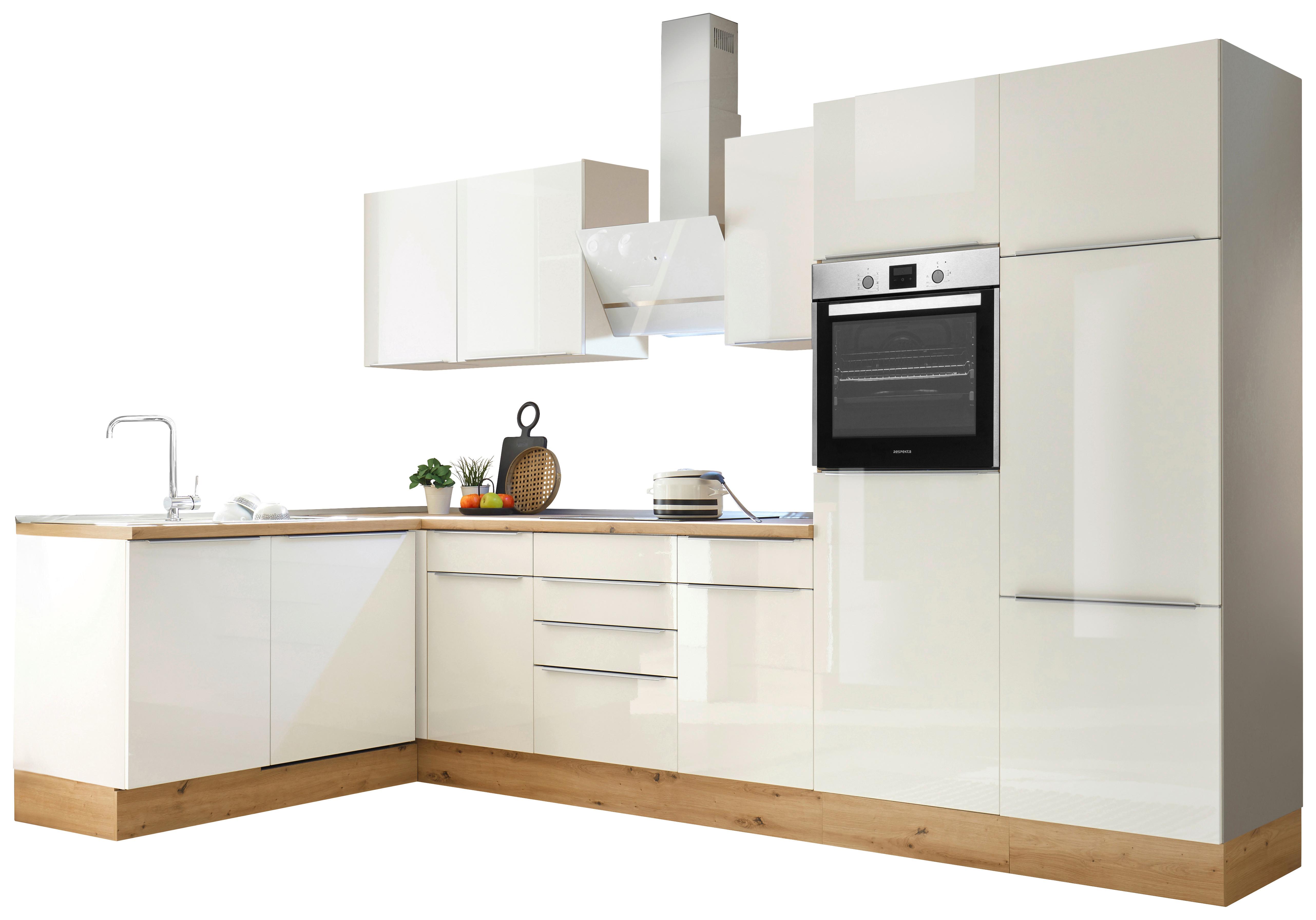 Eckküche mit Geräten 340x170 cm Weiß/Eiche Dekor, Modern - Weiß Hochglanz/Weiß, LIFESTYLE, Holzwerkstoff (340/170cm) - Respekta