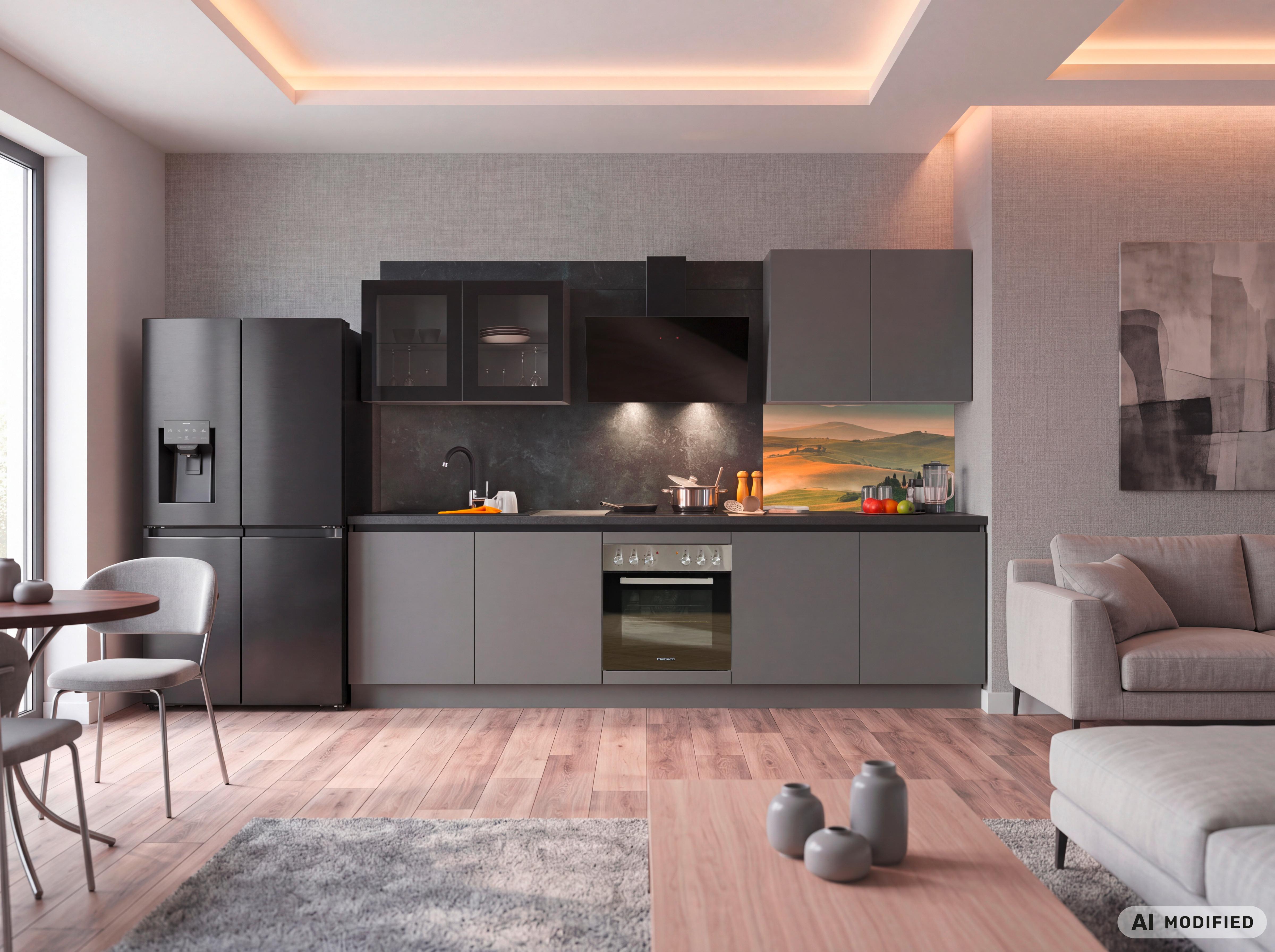 Küchenzeile Clean mit Geräten 300 cm Anthrazit - Anthrazit, Basics, Holzwerkstoff (300cm) - Express
