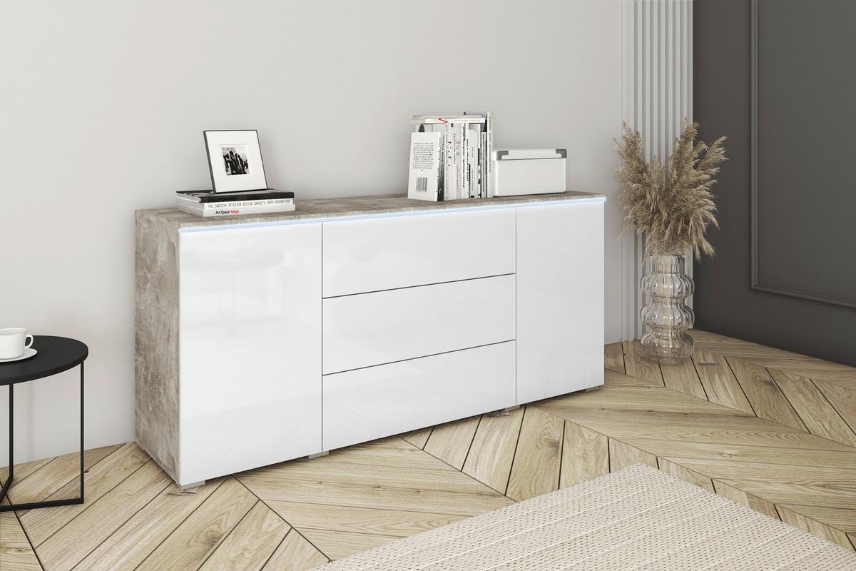Široká komoda VERA vzhľad beton/biela - sivá/biela s vysokým leskom, Lifestyle, kompozitné drevo/plast (150/67,9/39,5cm) - P & B