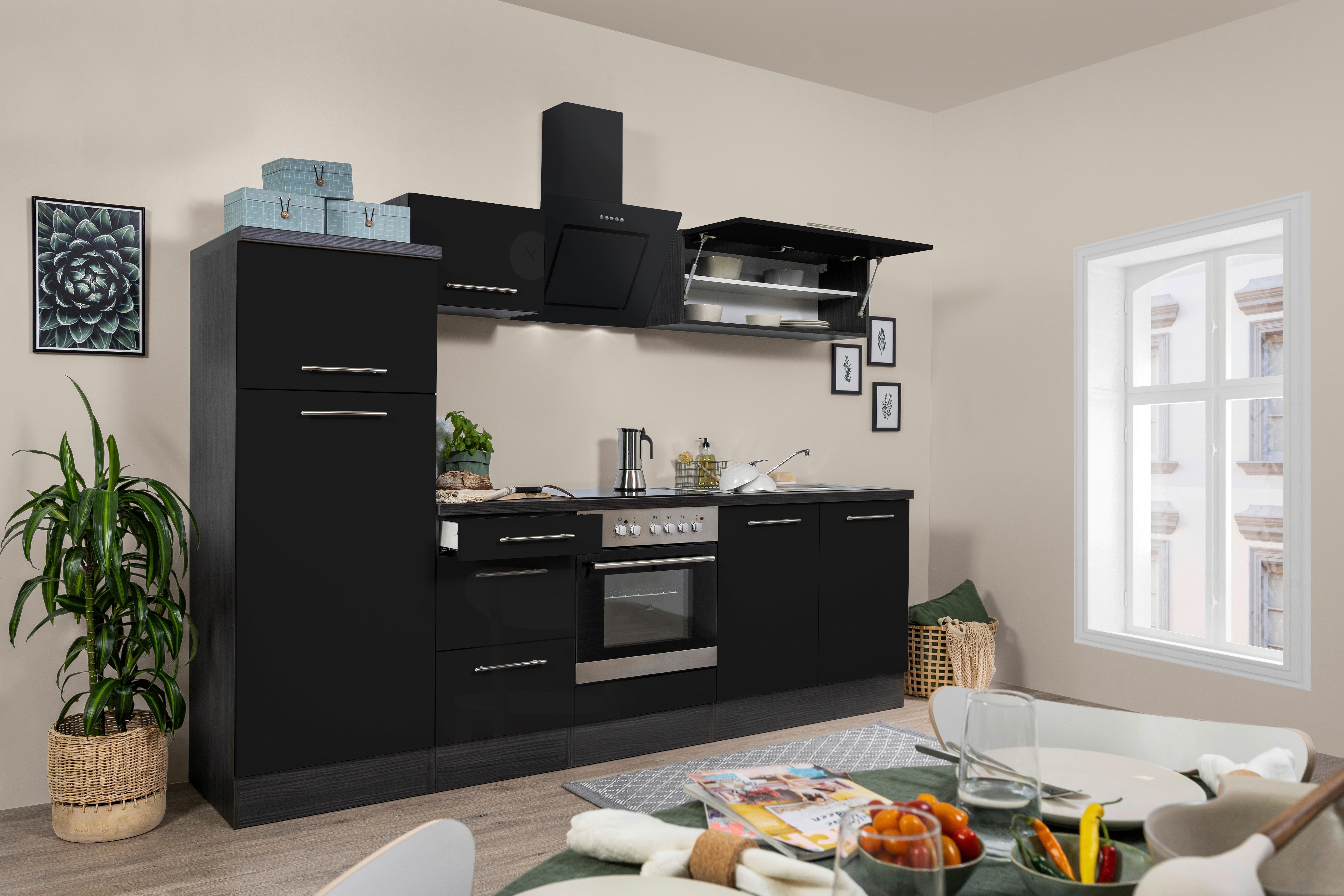 Küchenzeile mit Geräten 270 cm Schwarz Hochglanz - Schwarz/Grau, KONVENTIONELL, Holzwerkstoff (270cm) - Respekta
