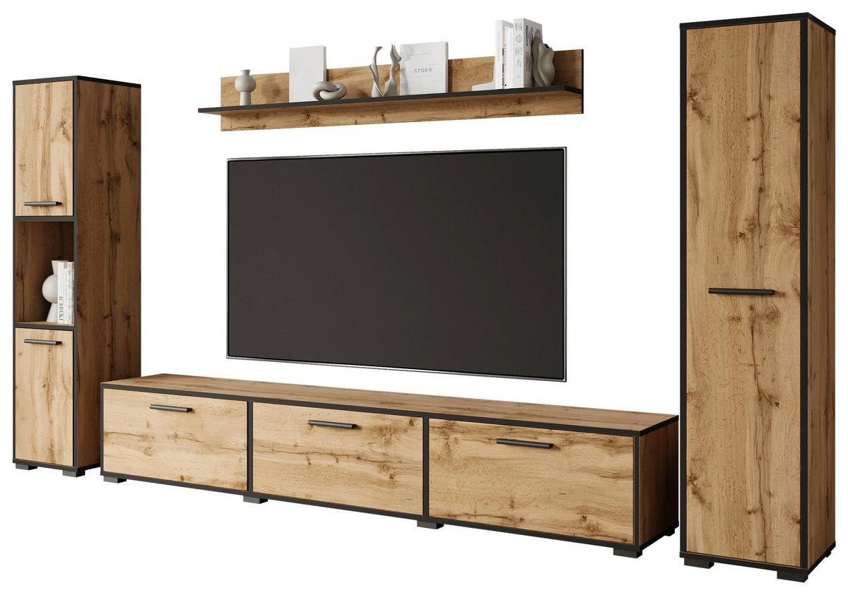 Wohnwand 4 -Teilig. Bogota XL Wotan Eiche Dekor - Eiche Wotan/Schwarz, Basics, Holzwerkstoff (240/130/31cm) - MID.YOU