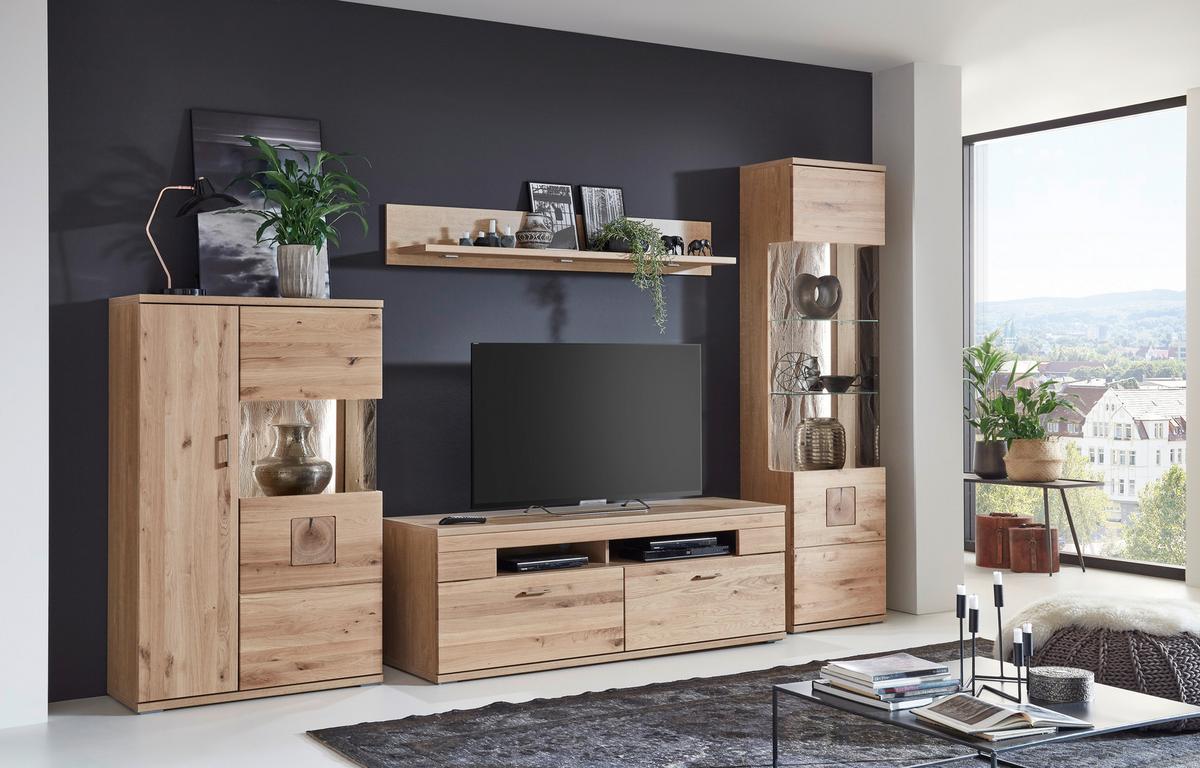 WOHNWAND KANSAS - Alteiche/Silberfarben, KONVENTIONELL, Glas/Holz (330/208,3/50,2cm) - Livetastic