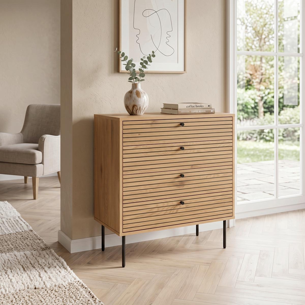 KOMODA LINNO K - čierna/farba duba, Modern, kov/kompozitné drevo (80/85/40cm) - MID.YOU