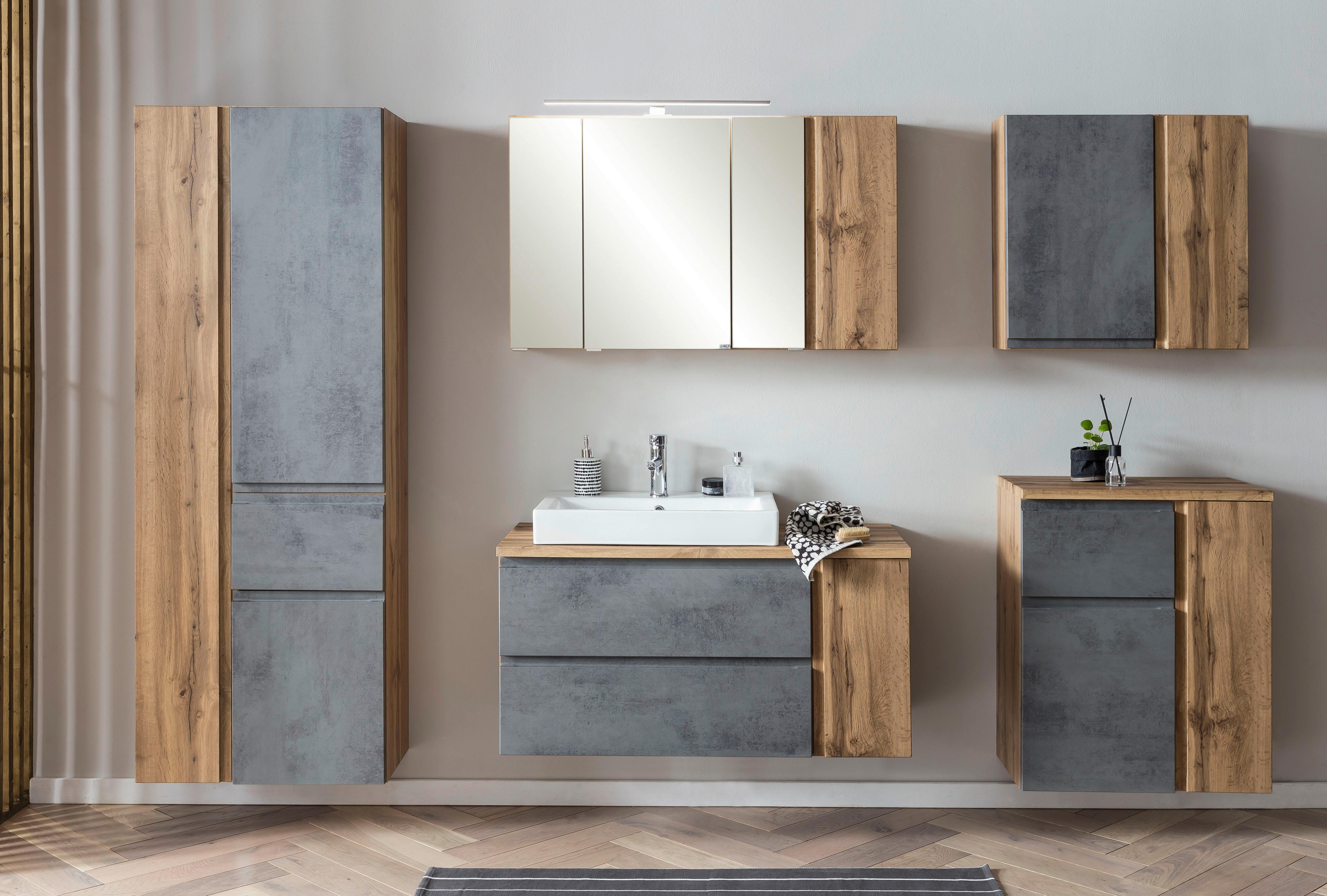 Badezimmer Hochschrank Varese BxH 65x180cm Grau/ Eiche Dekor - Eiche Wotan/Hellgrau, MODERN, Holzwerkstoff (65/180/35cm) - Held