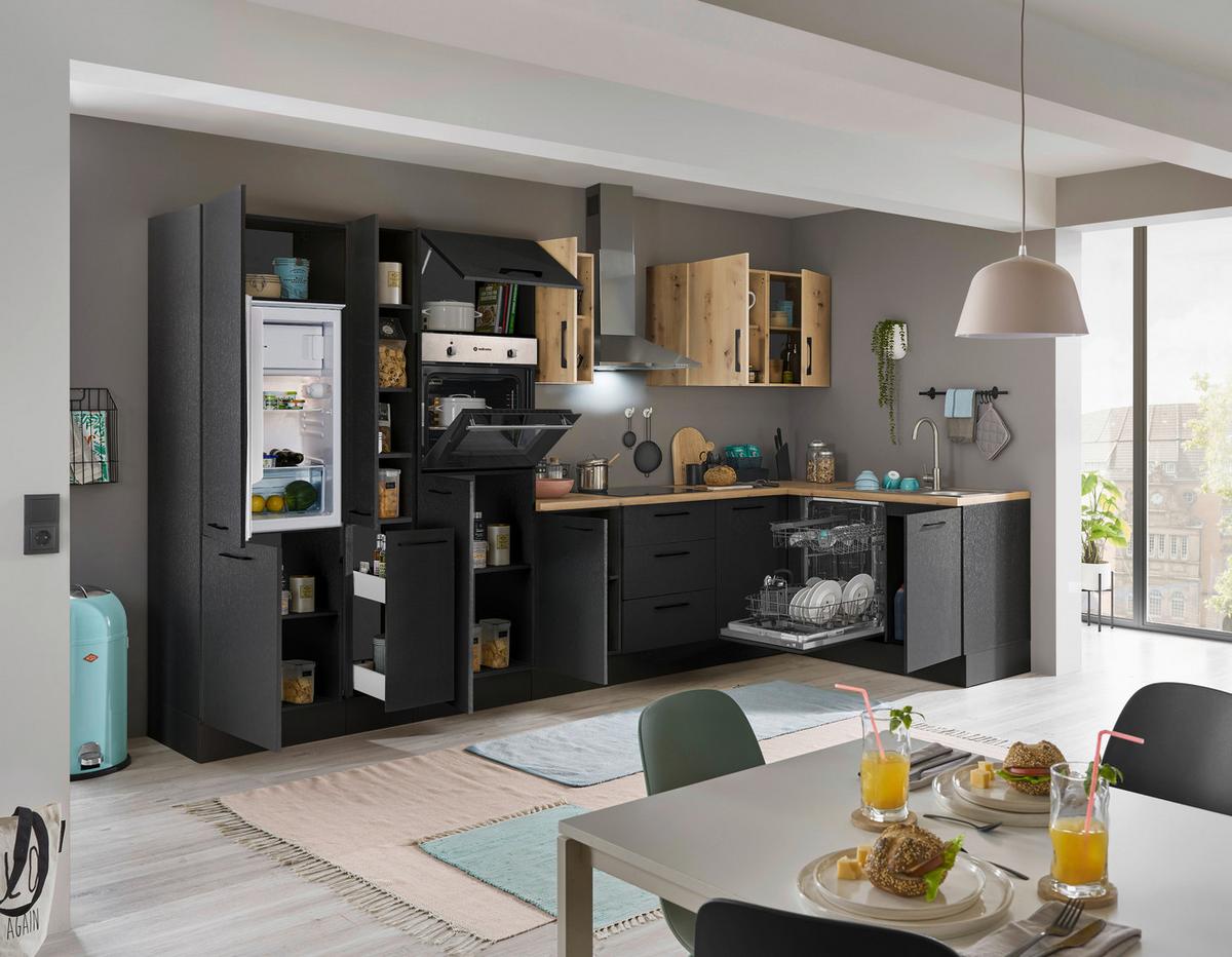 Eckküche Turin Schwarz/Eiche Dekor 370x175 cm - Schwarz/Eiche Artisan, Basics, Holzwerkstoff (370/175cm) - MID.YOU