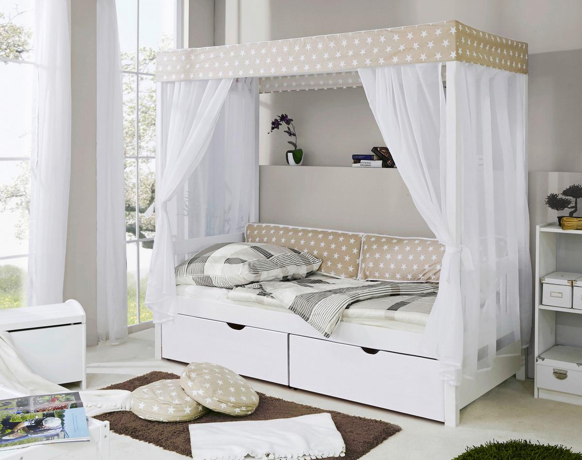 Posteľ s nebesami LINO záves béžovo-biely - biela/béžová, Modern, drevo (90/200cm) - MID.YOU