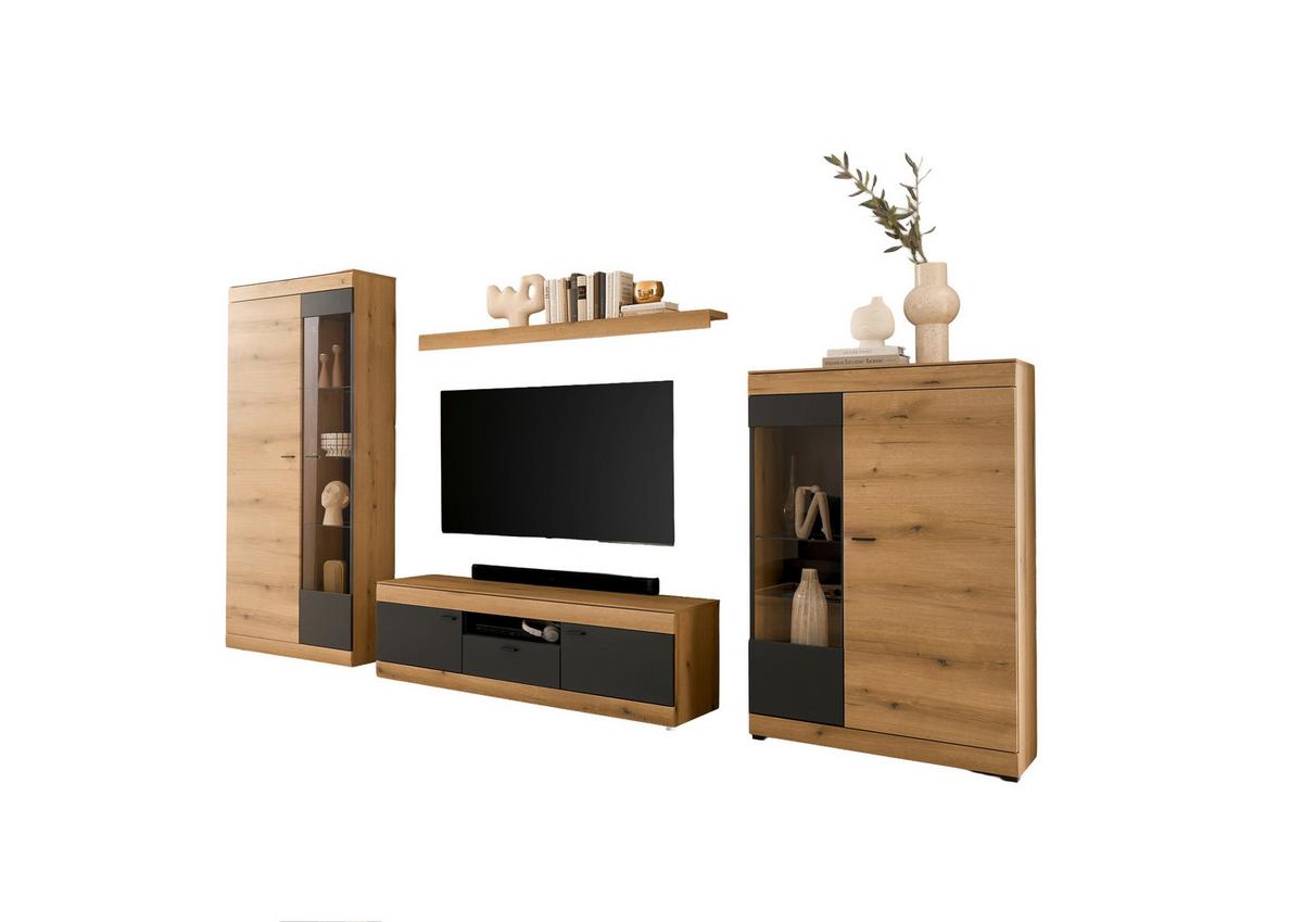 Wohnwand Soleto Graphit/Eichefarben B: 350cm - Eichefarben/Schwarz, Design, Glas/Holzwerkstoff (350/201/45cm) - MID.YOU