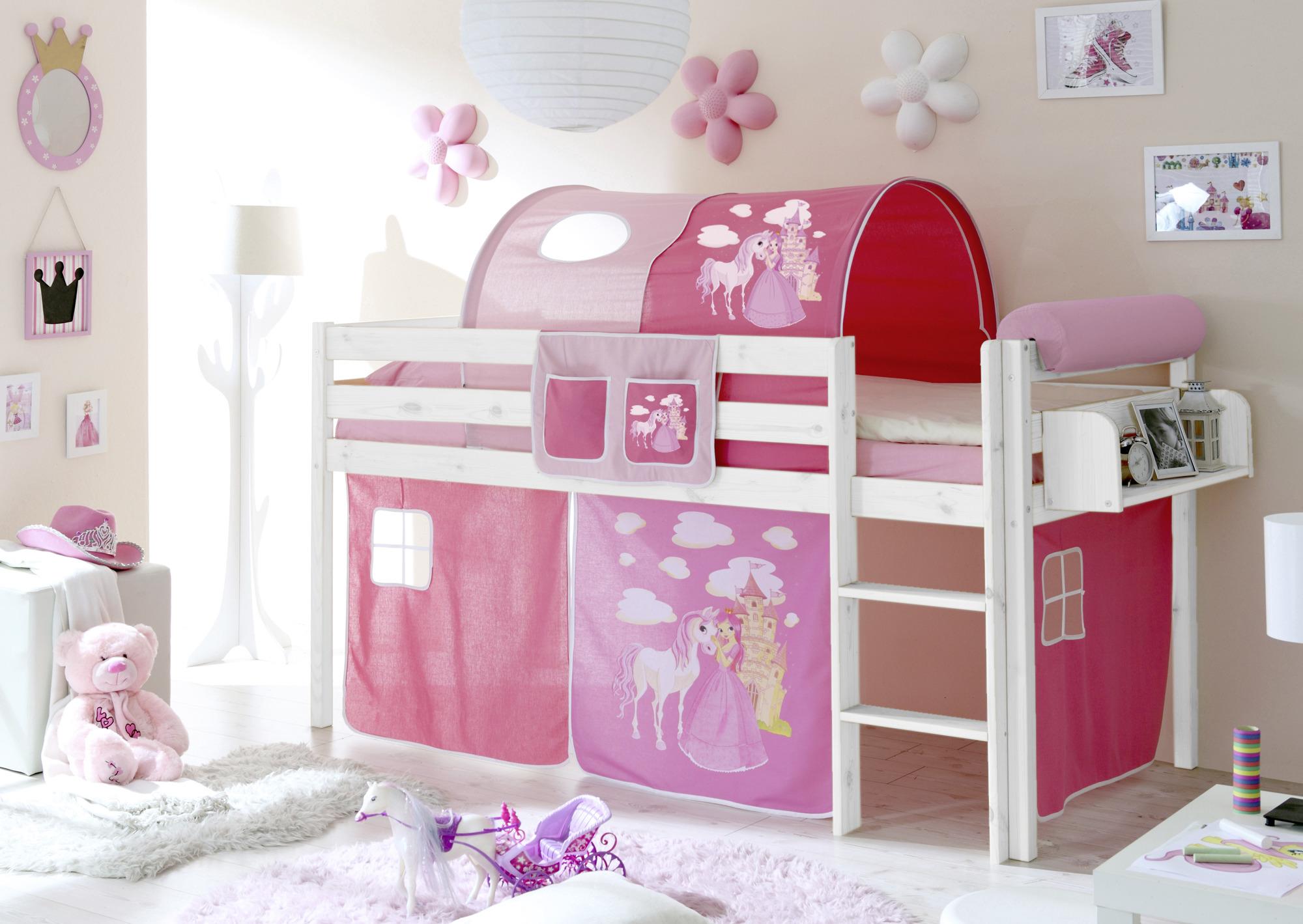 Kinderbett Malte 90x200cm Holz Massiv Weiß/Pink mit Vorhang - Pink/Weiß, Natur, Holz (90/200cm) - MID.YOU
