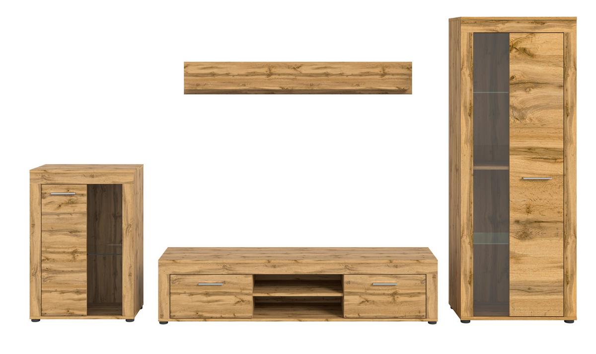 Wohnwand Jam Eiche Wotan Dekor B: 310cm - Eiche Wotan/Schwarz, Design, Glas/Holzwerkstoff (310/169/35cm) - MID.YOU