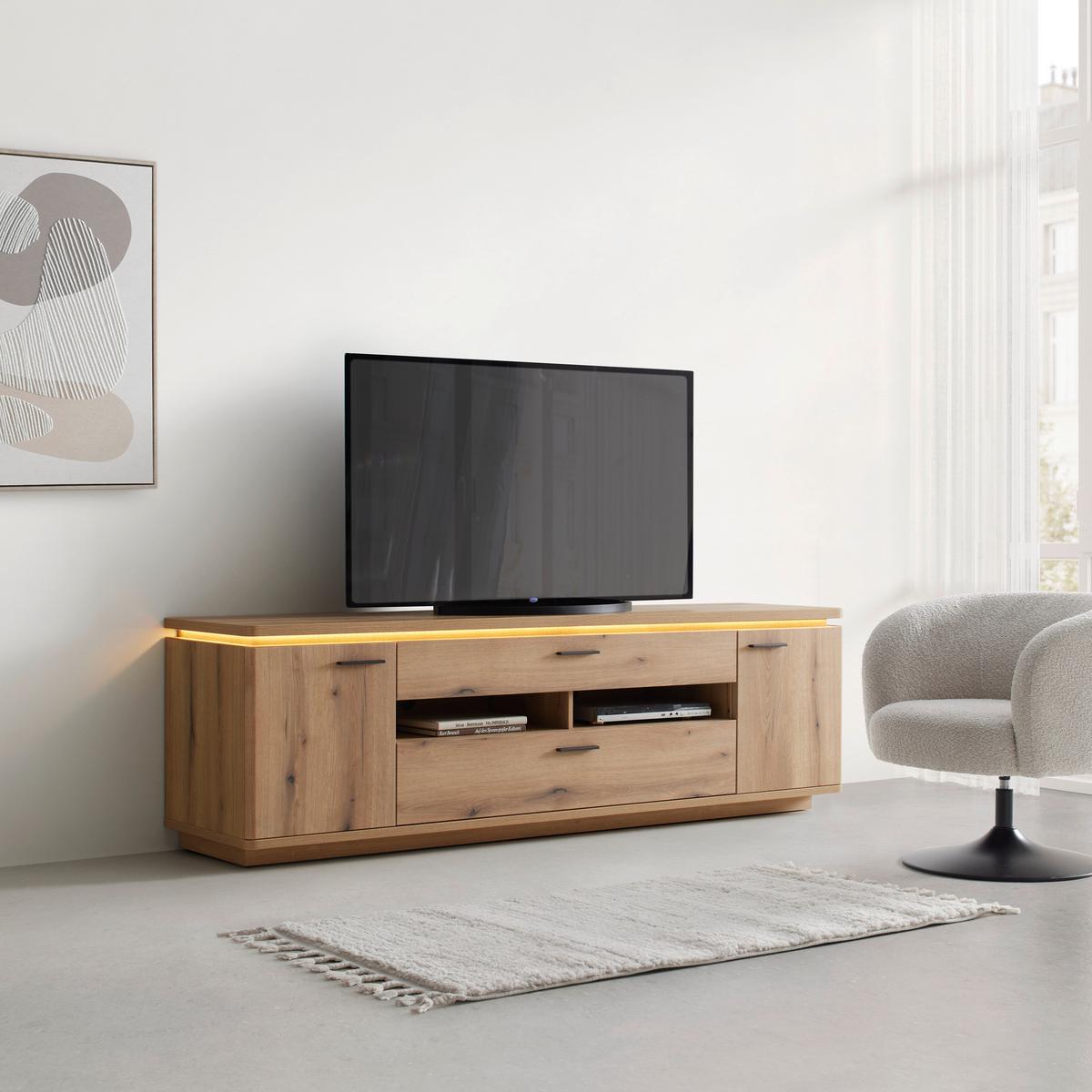 KOMODA POD TELEVIZI ALAMEDA -TOP- -BASED- - barvy dubu/antracitová, Moderní, kov/kompozitní dřevo (210/65/50cm) - Based